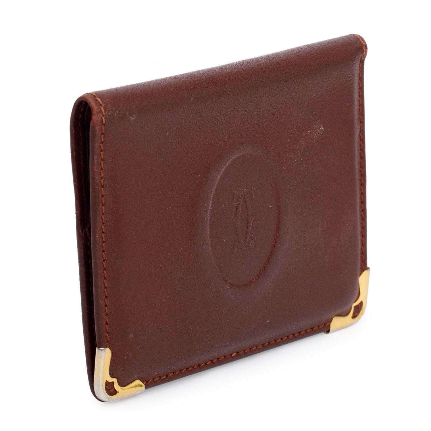 Cartier Burgundy Calfskin Leather C De Cartier Compact Mirror Card Case w/ Box