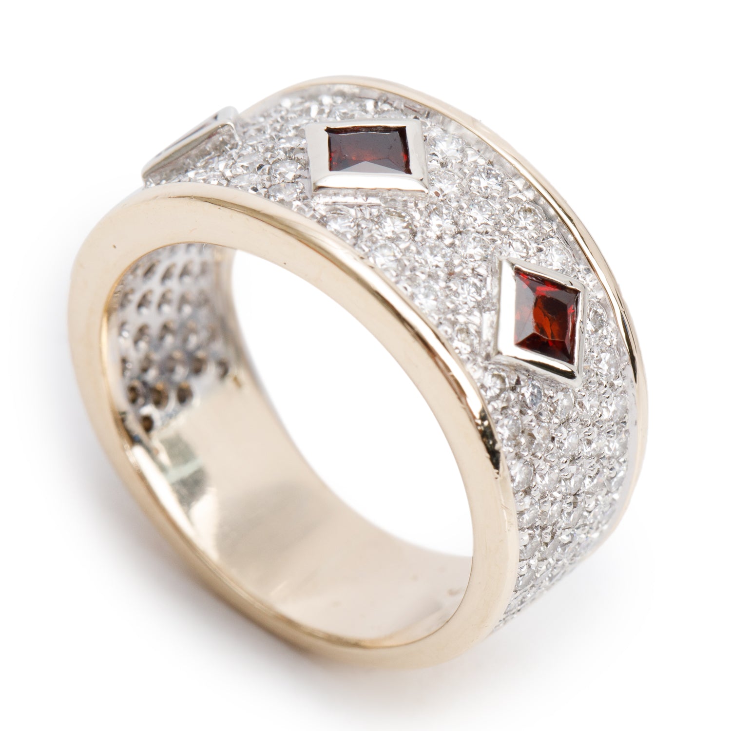14k Yellow Gold Garnet and Diamond Band Ring, Size 6.75