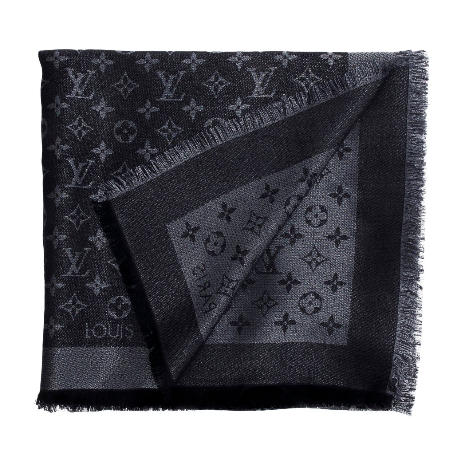 Louis Vuitton Black/Grey Monogram Silk/Wool My Daily Denim Shawl Scarf w/ Box