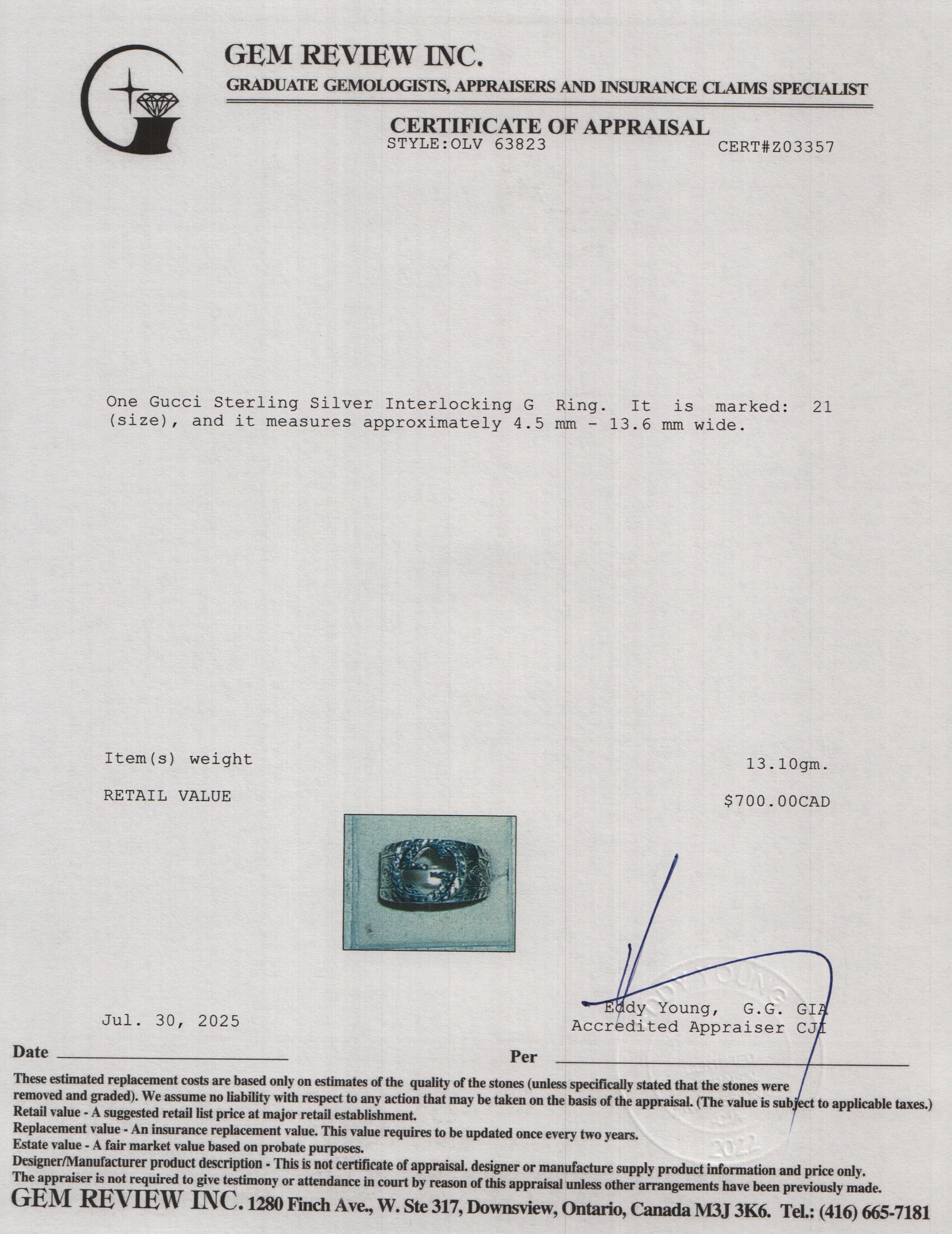 Gucci Sterling Silver Interlocking G Ring, Size 21 9.5 w/ Box