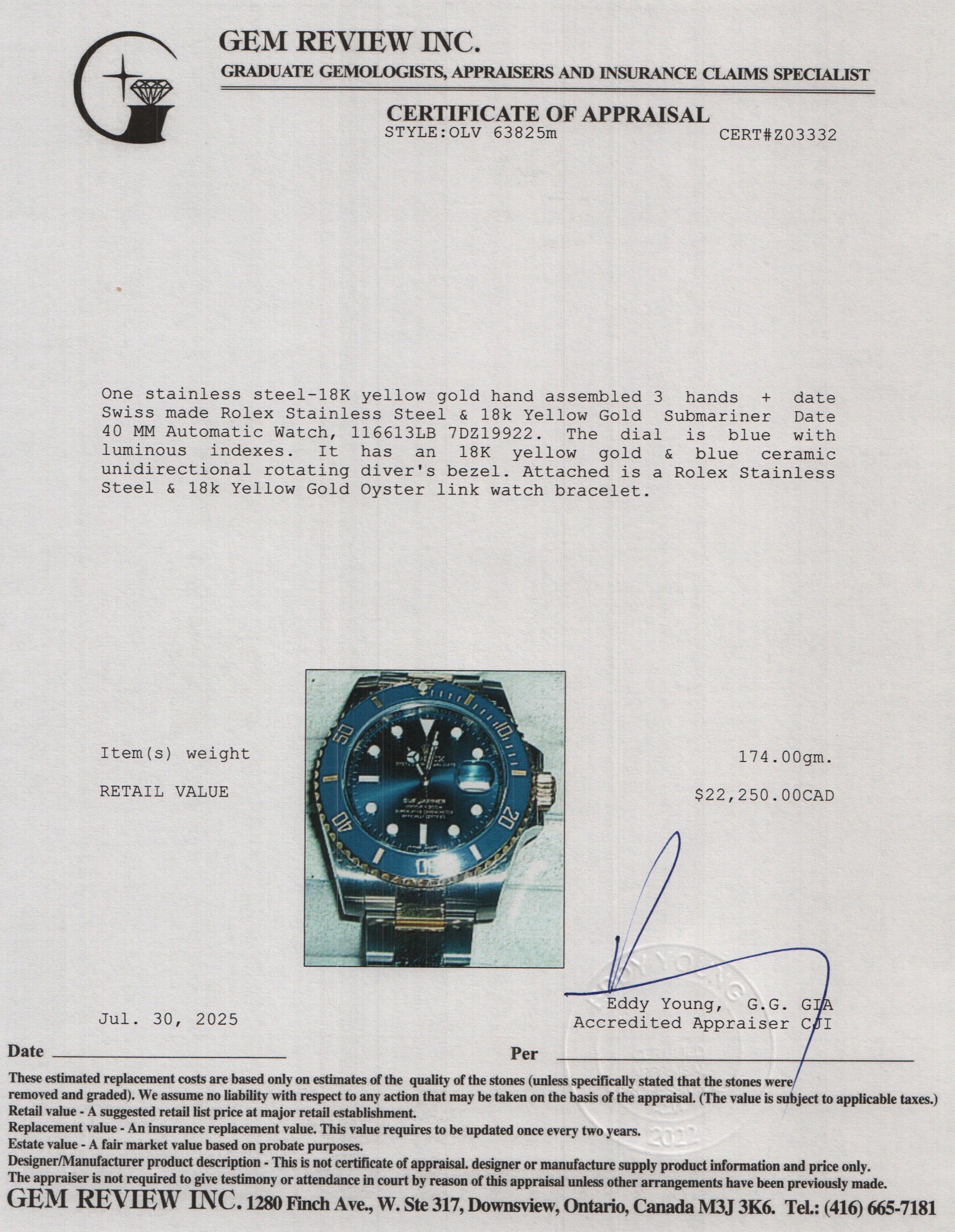 Rolex Stainless Steel & 18k Yellow Gold Submariner Date 40 MM Automatic Watch Blue Dial 116613LB w/ Box & Papers