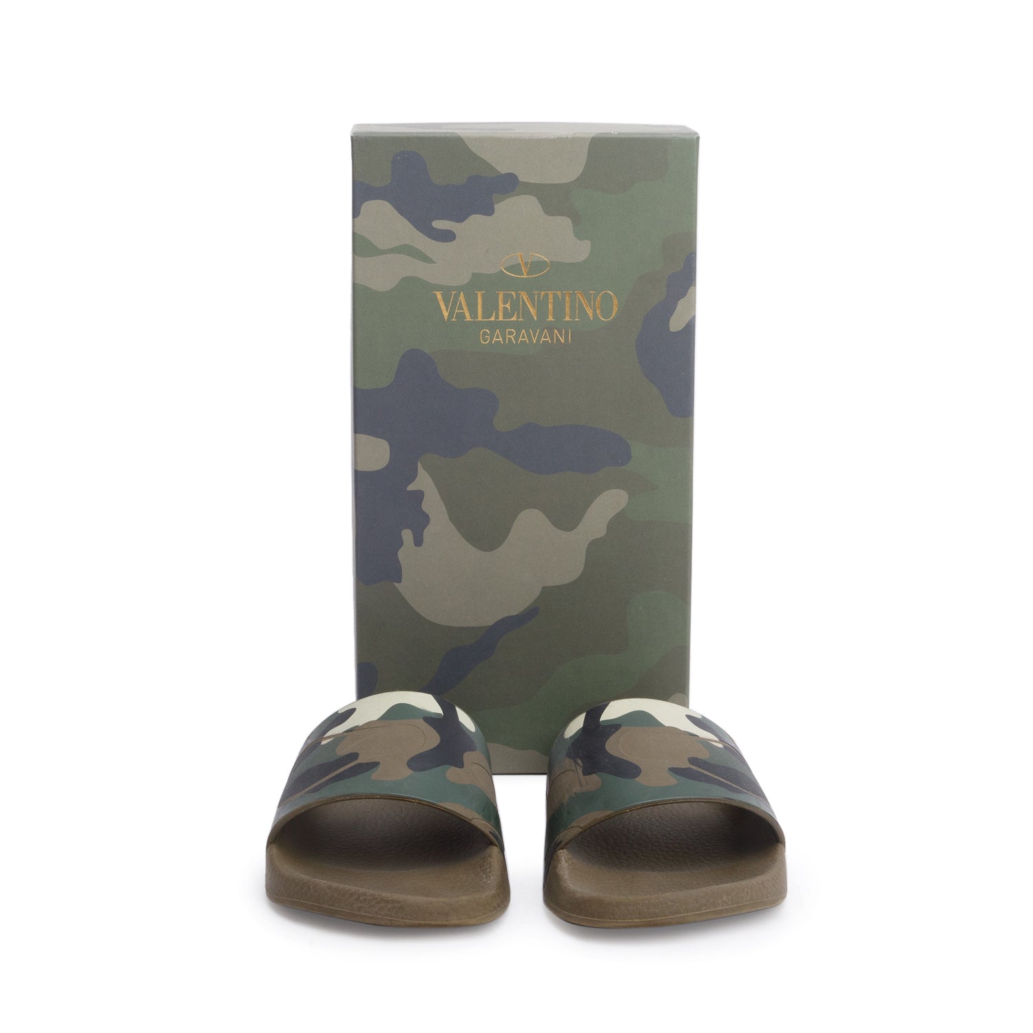 Valentino Green Camouflage Rubber Slide Sandals, Size 37 w/ Box