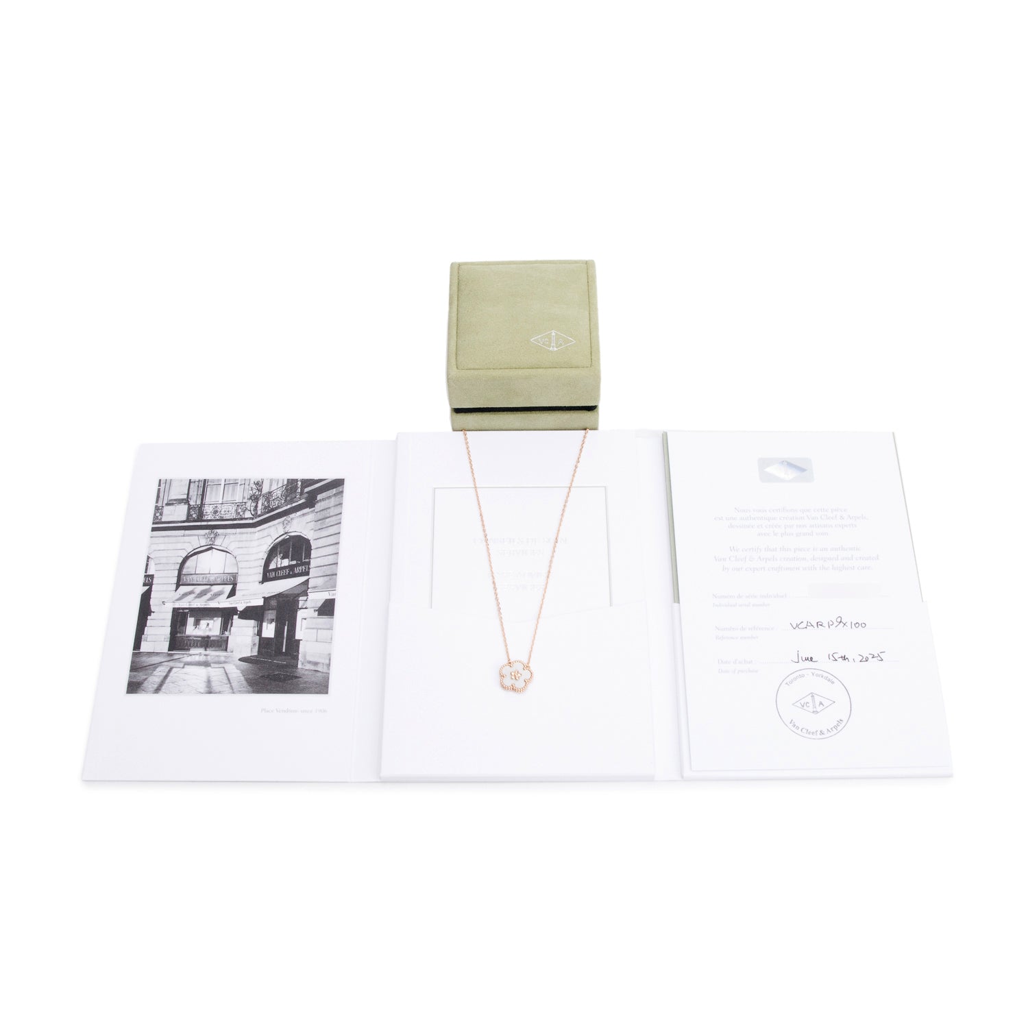 Van Cleef & Arpels 2025 18k Rose Gold Mother of Pearl Lucky Spring Pendant Necklace, Plum Blossom w/ Box, Receipt & Certificate