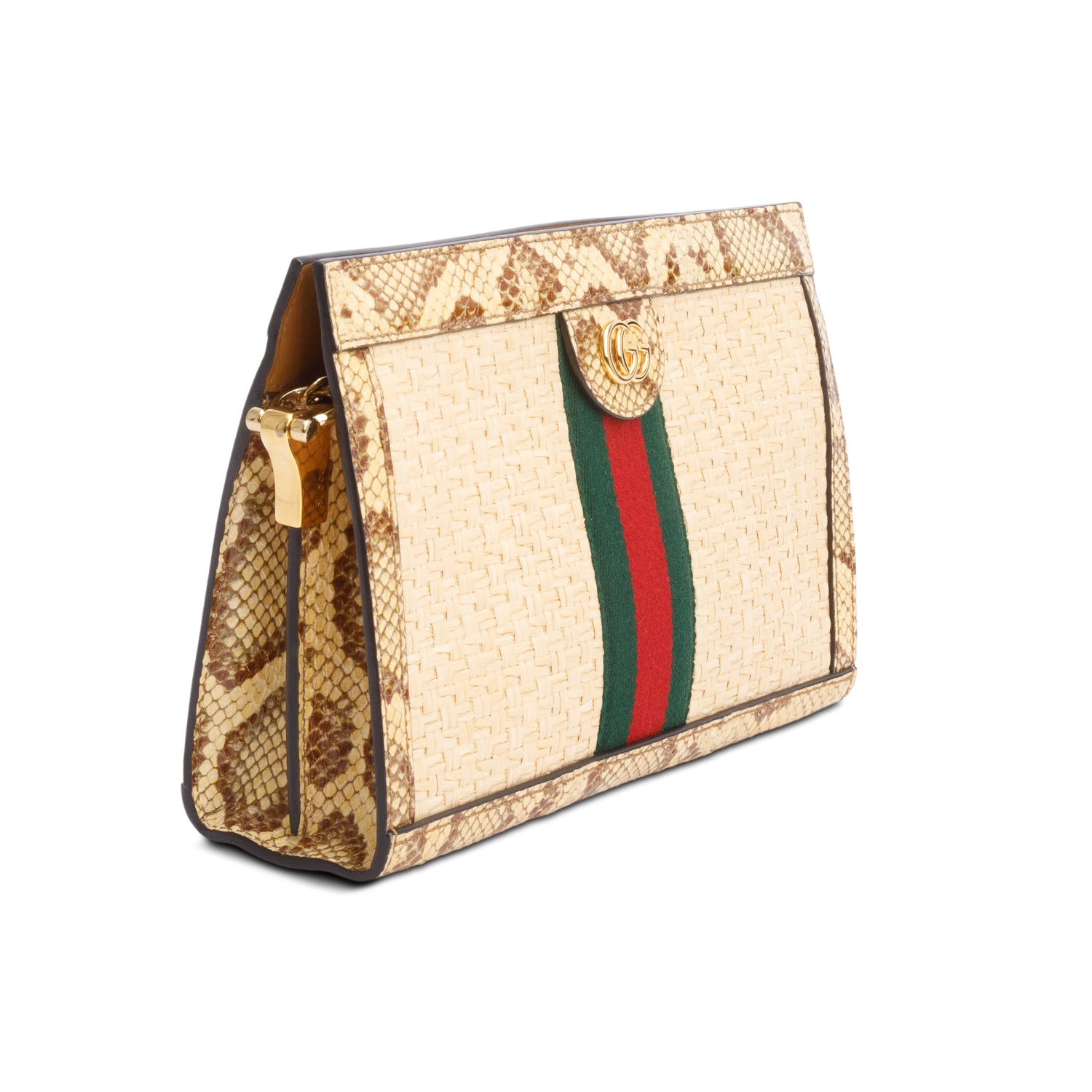 Gucci Beige Raffia Python GG Small Ophidia Chain Shoulder Bag