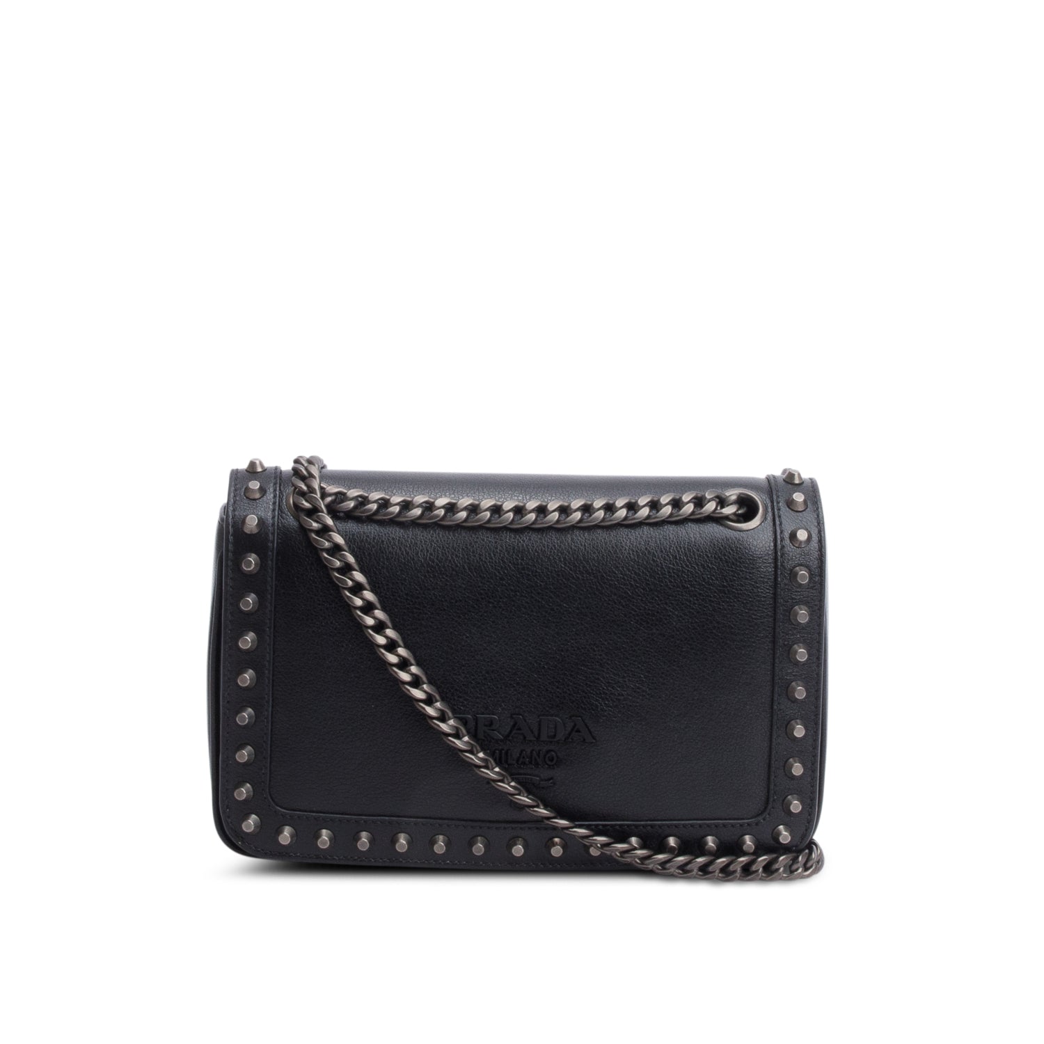 Prada Black Pattina Glace Calf Studded Crossbody Bag w/ Authenticity Card