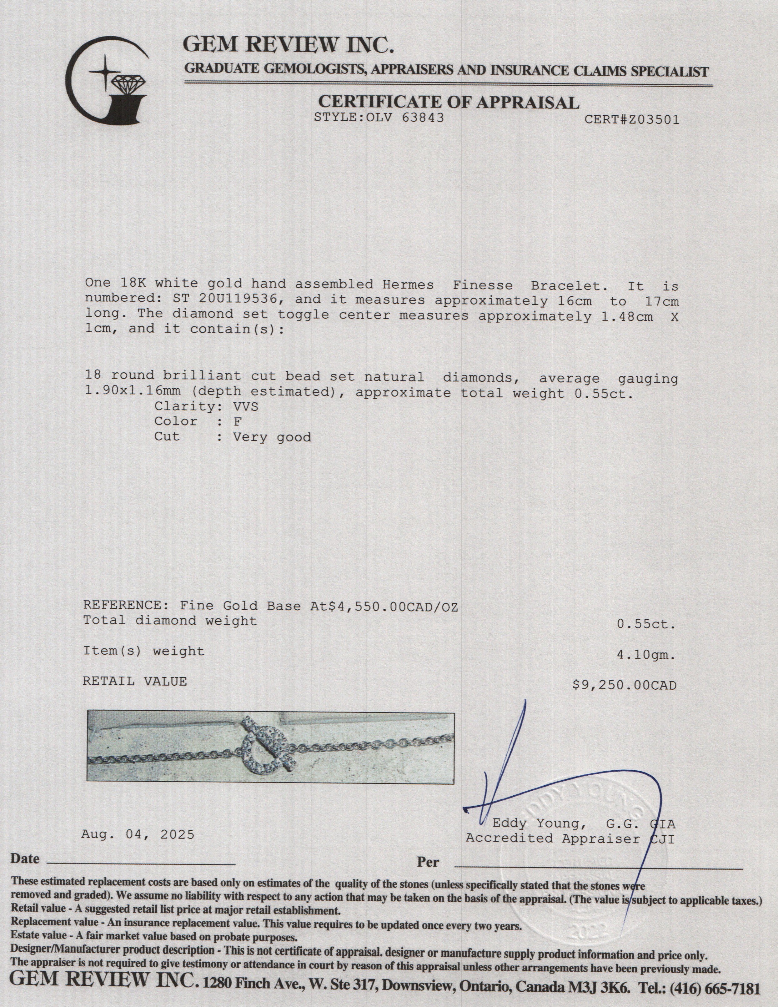 Hermes 18k White Gold Diamond Finesse Bracelet w/ Box