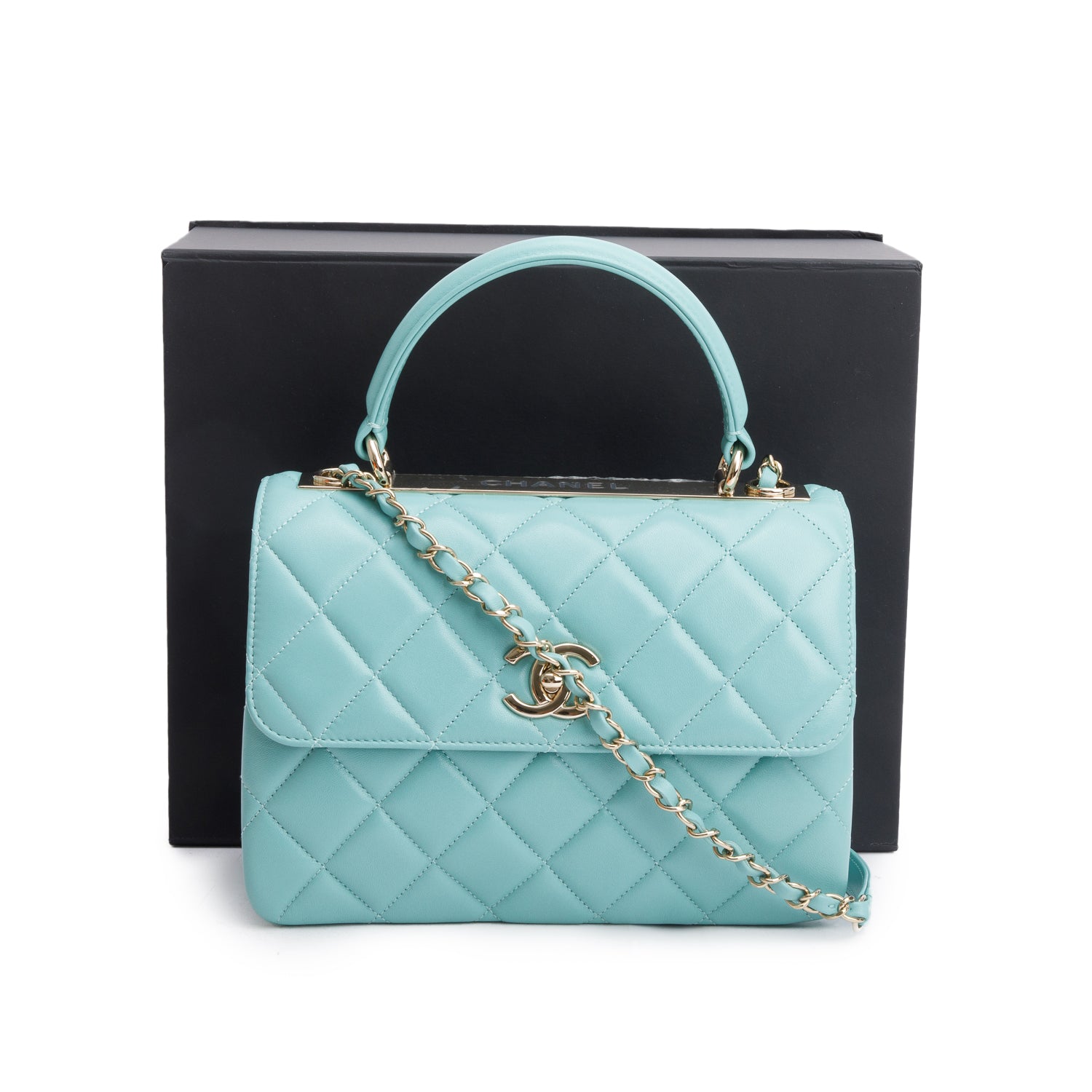 Chanel 2021 Teal Lambskin Quilted Small Trendy Top Handle Bag w/ Box and Authenticity Card