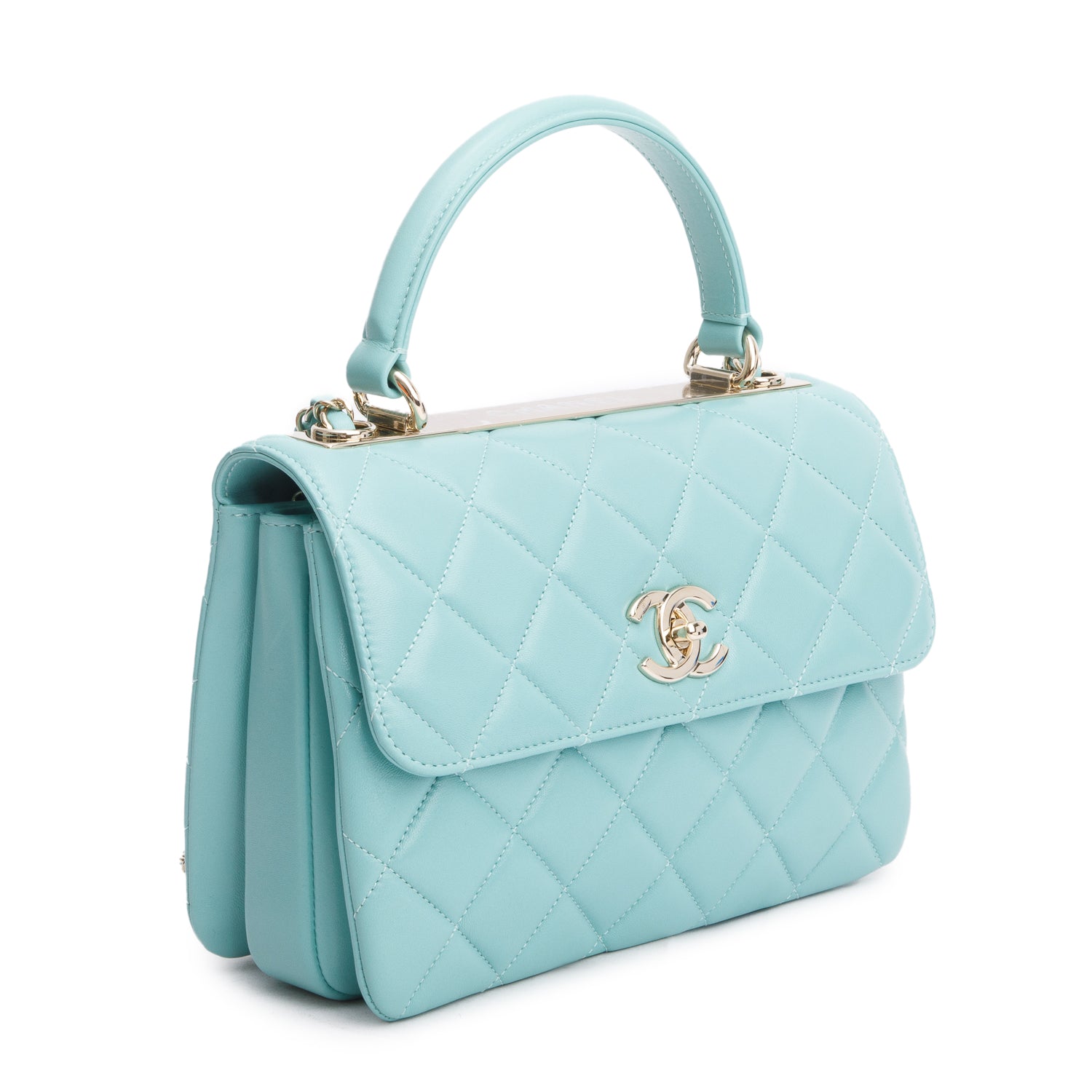 Chanel 2021 Teal Lambskin Quilted Small Trendy Top Handle Bag w/ Box and Authenticity Card