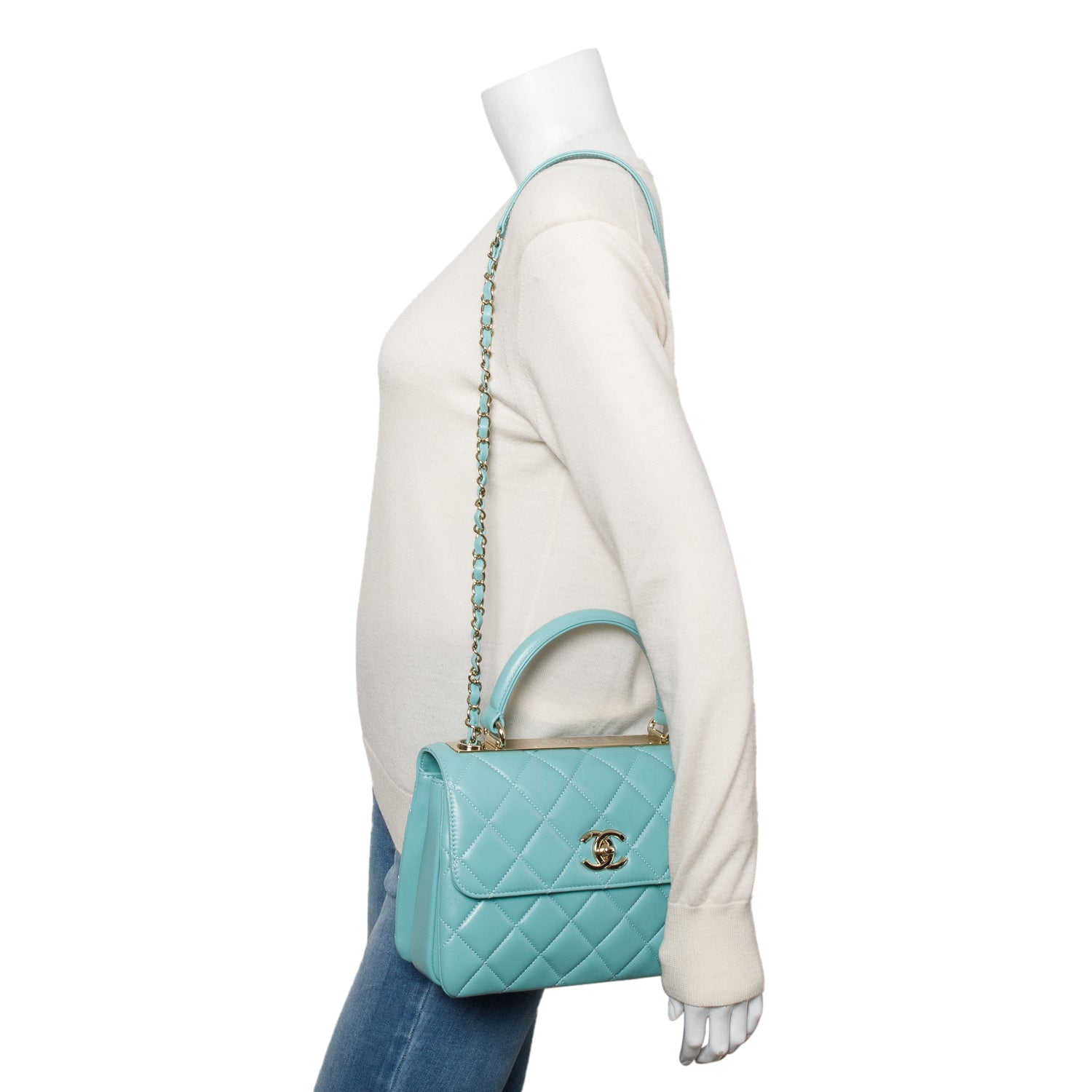 Chanel 2021 Teal Lambskin Quilted Small Trendy Top Handle Bag w/ Box and Authenticity Card