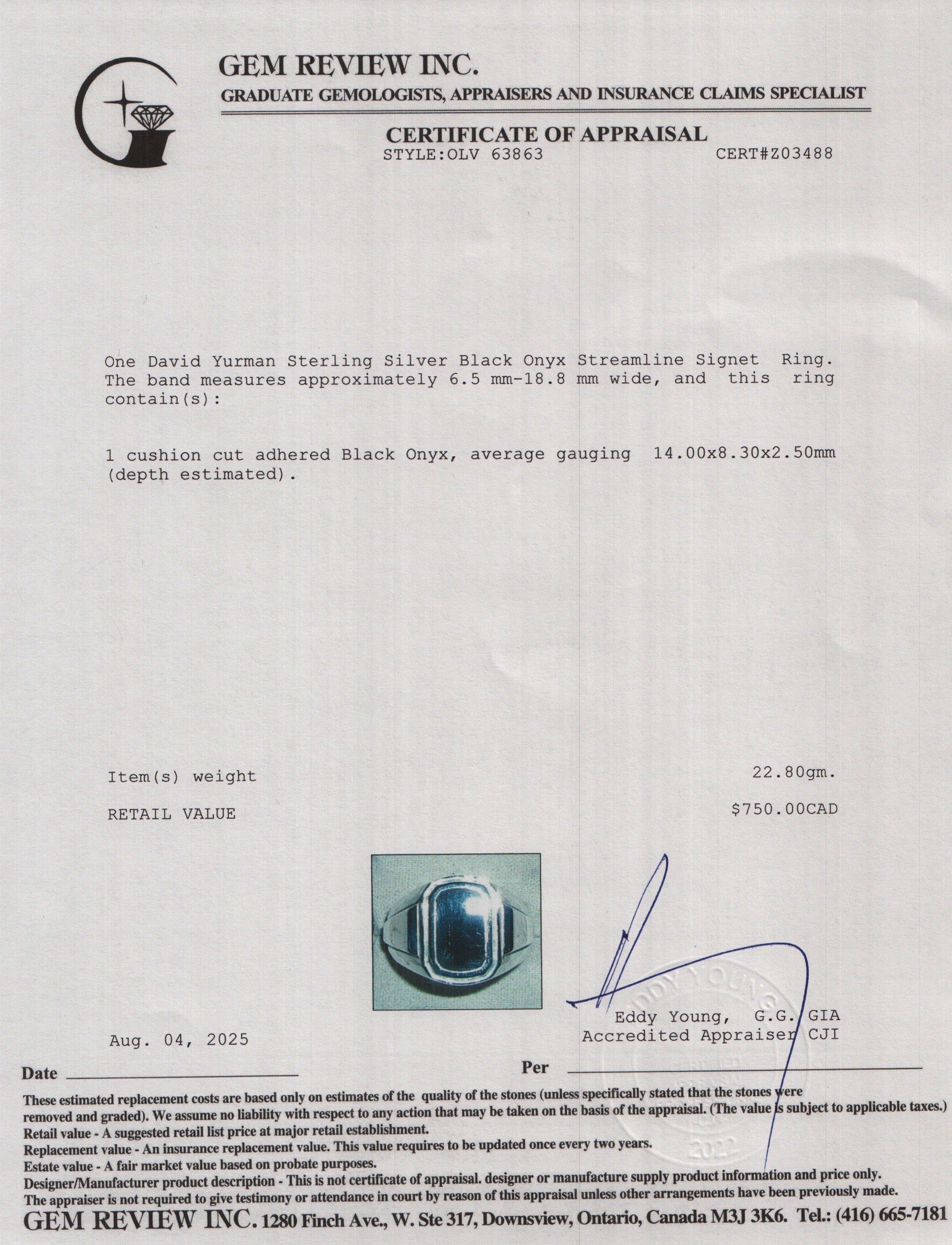 David Yurman Sterling Silver Black Onyx Streamline Signet Ring, 18.8 MM Size 12