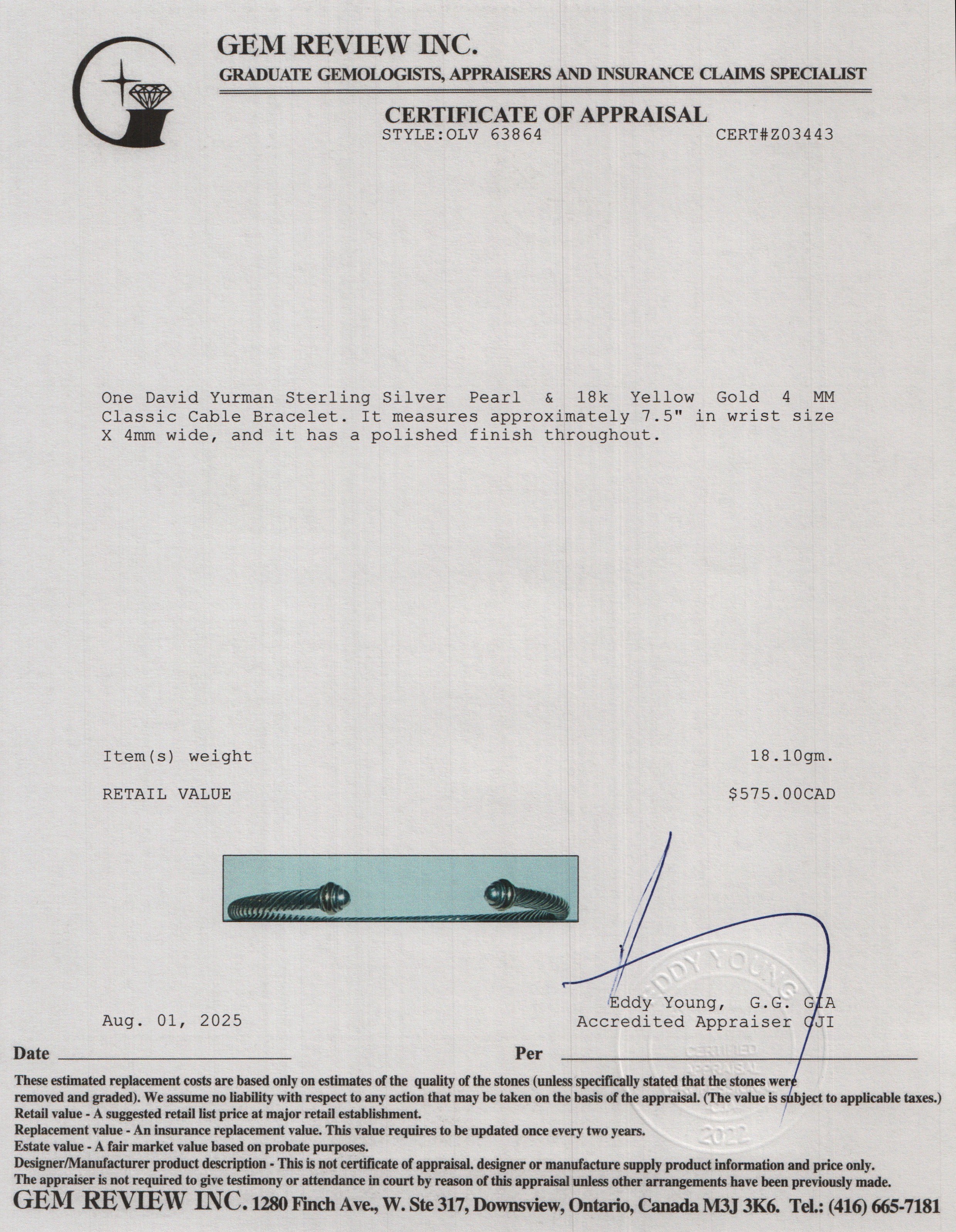 David Yurman Sterling Silver Pearl & 18k Yellow Gold 4 MM Classic Cable Bracelet