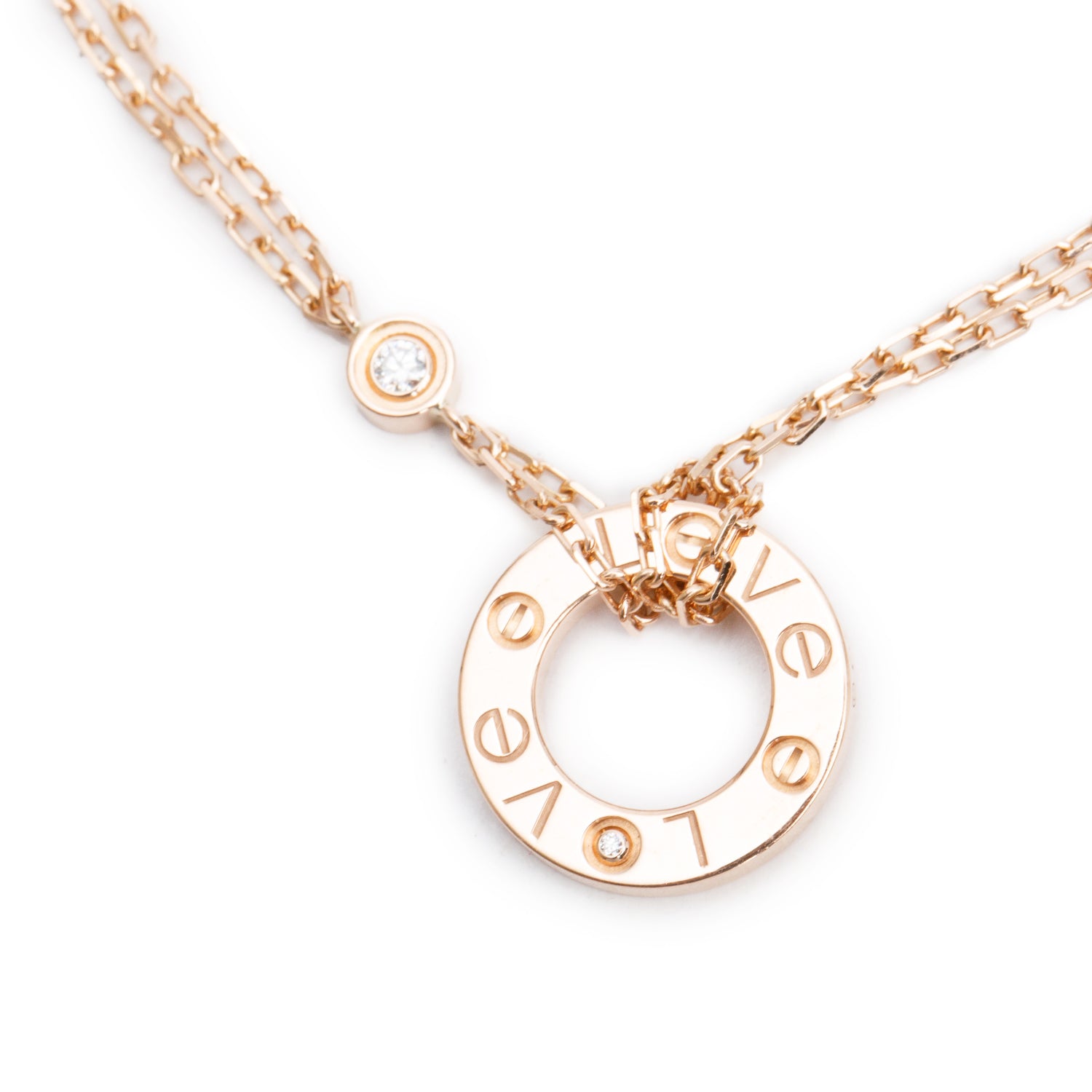 Cartier 18k Rose Gold 2 Diamond Love Chain Bracelet w/ Box & Certificate