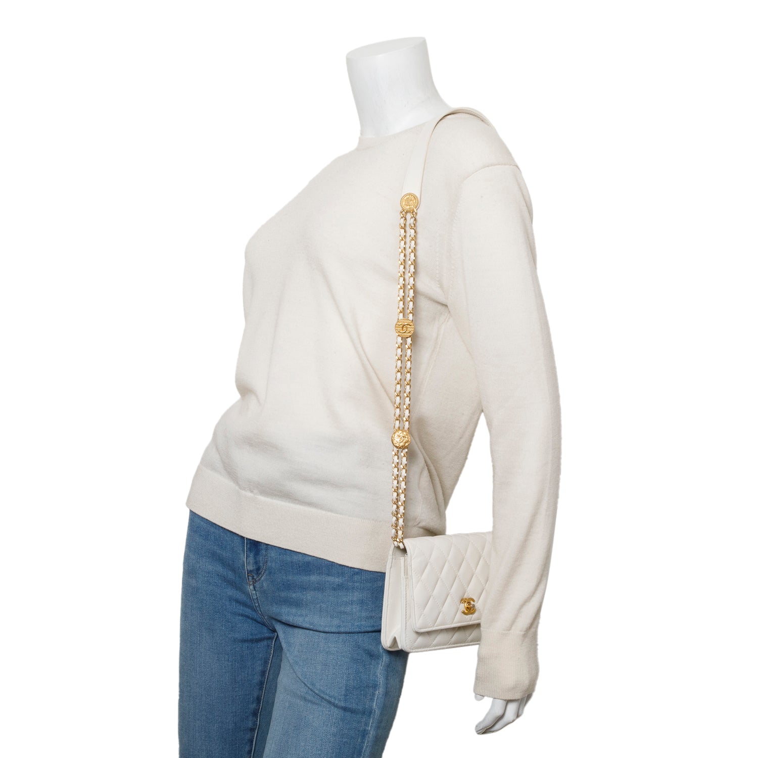 Chanel White Caviar Quilted Twist Your Buttons Wallet on Chain