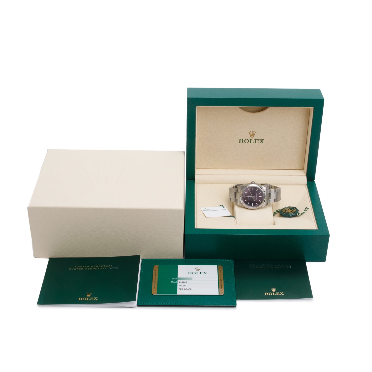 Rolex Stainless Steel Oyster Perpetual 34 MM Automatic Watch Red Grape Dial 114200 w/ Box & Papers