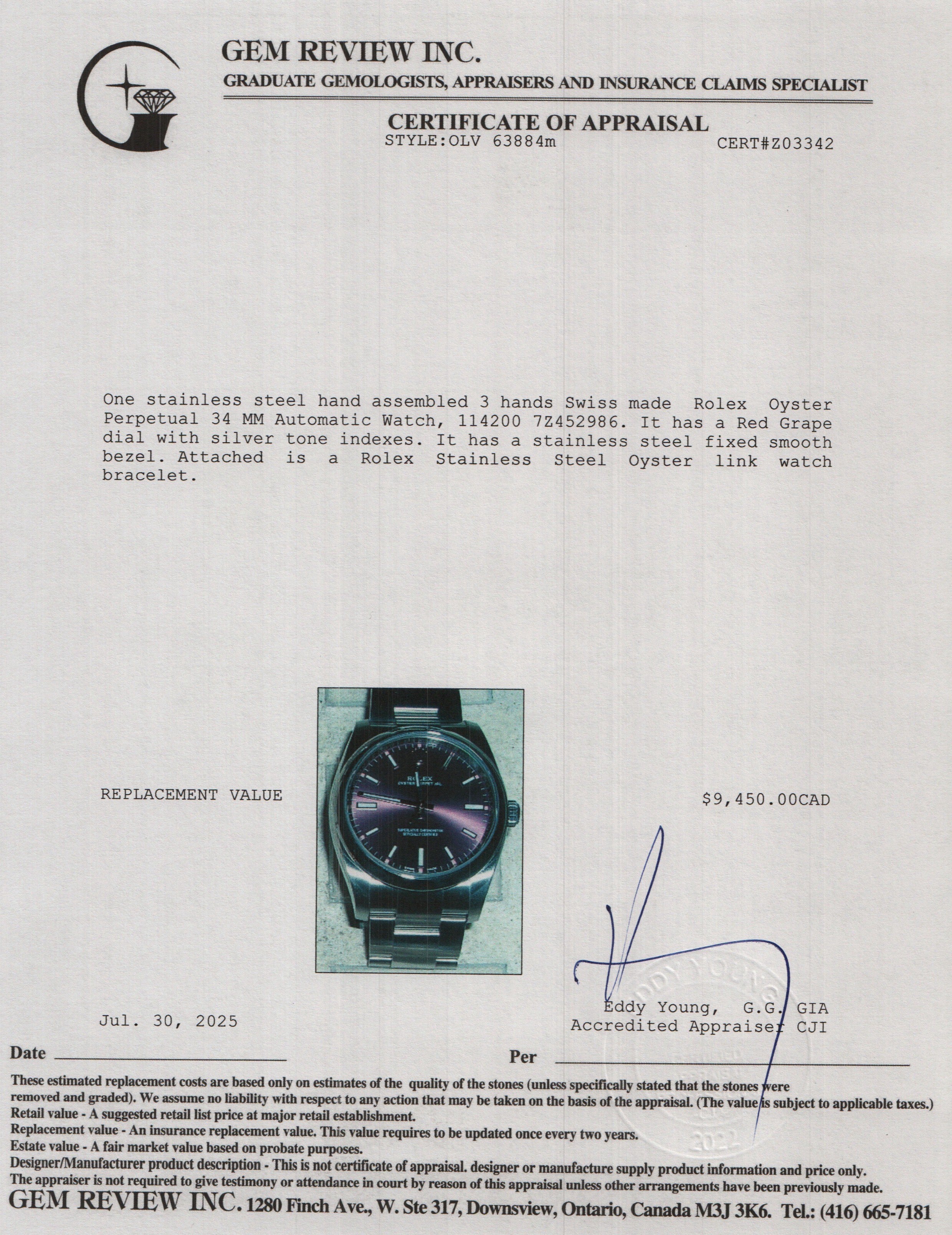 Rolex Stainless Steel Oyster Perpetual 34 MM Automatic Watch Red Grape Dial 114200 w/ Box & Papers