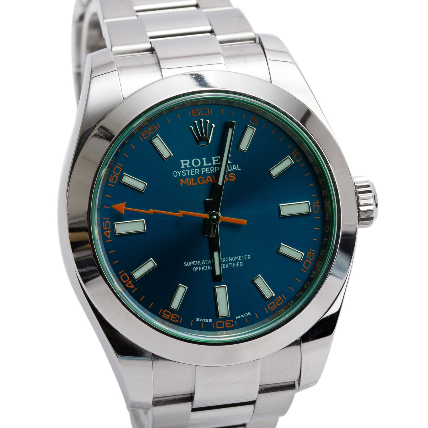 Rolex Stainless Steel Milgauss Green Crystal 40 MM Watch Z Blue Dial 116400GV w/ Box & Papers