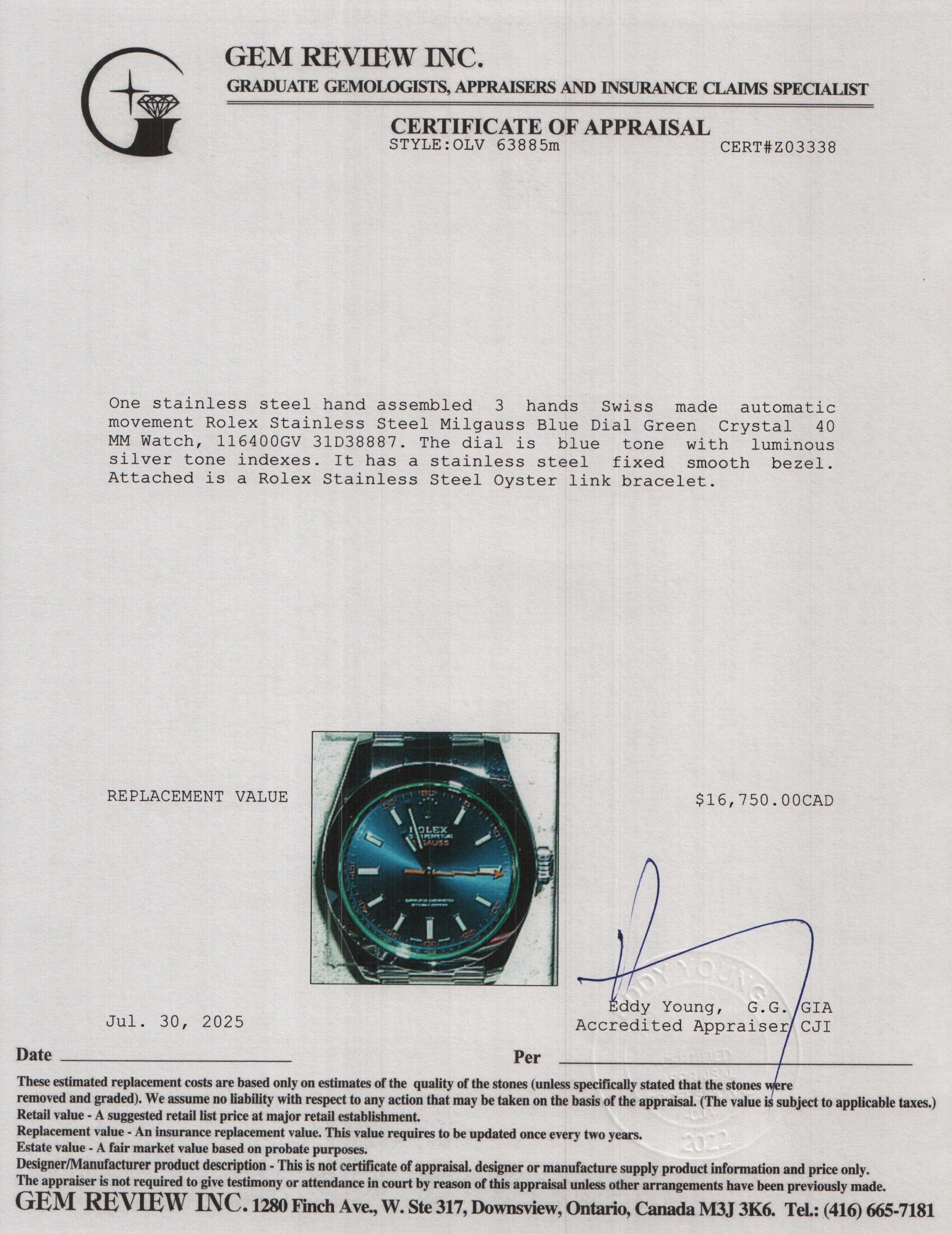 Rolex Stainless Steel Milgauss Green Crystal 40 MM Watch Z Blue Dial 116400GV w/ Box & Papers