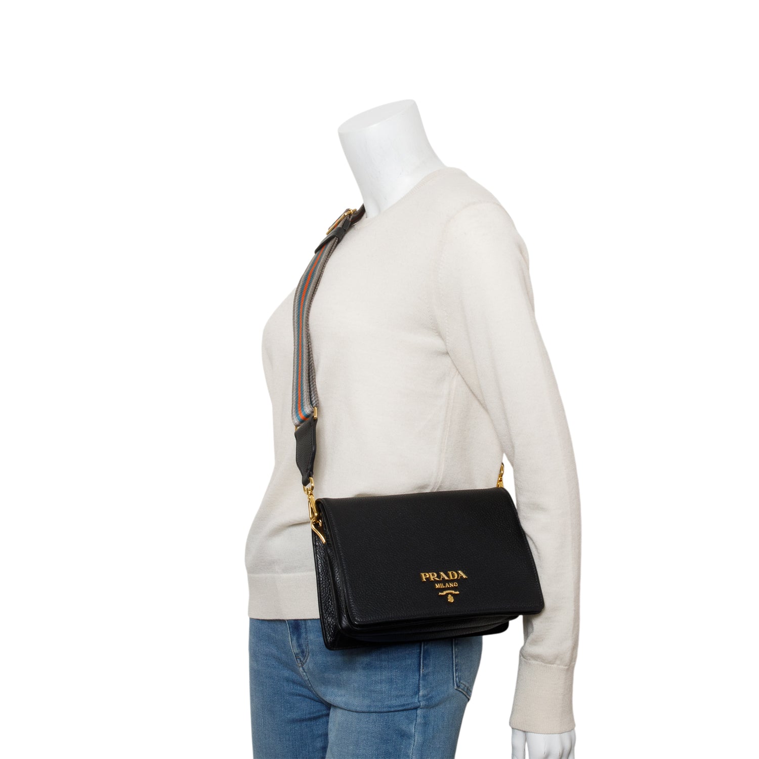 Prada Black Vitello Daino Phenix Flap Crossbody Bag w/ Box, Straps & Authenticity Card