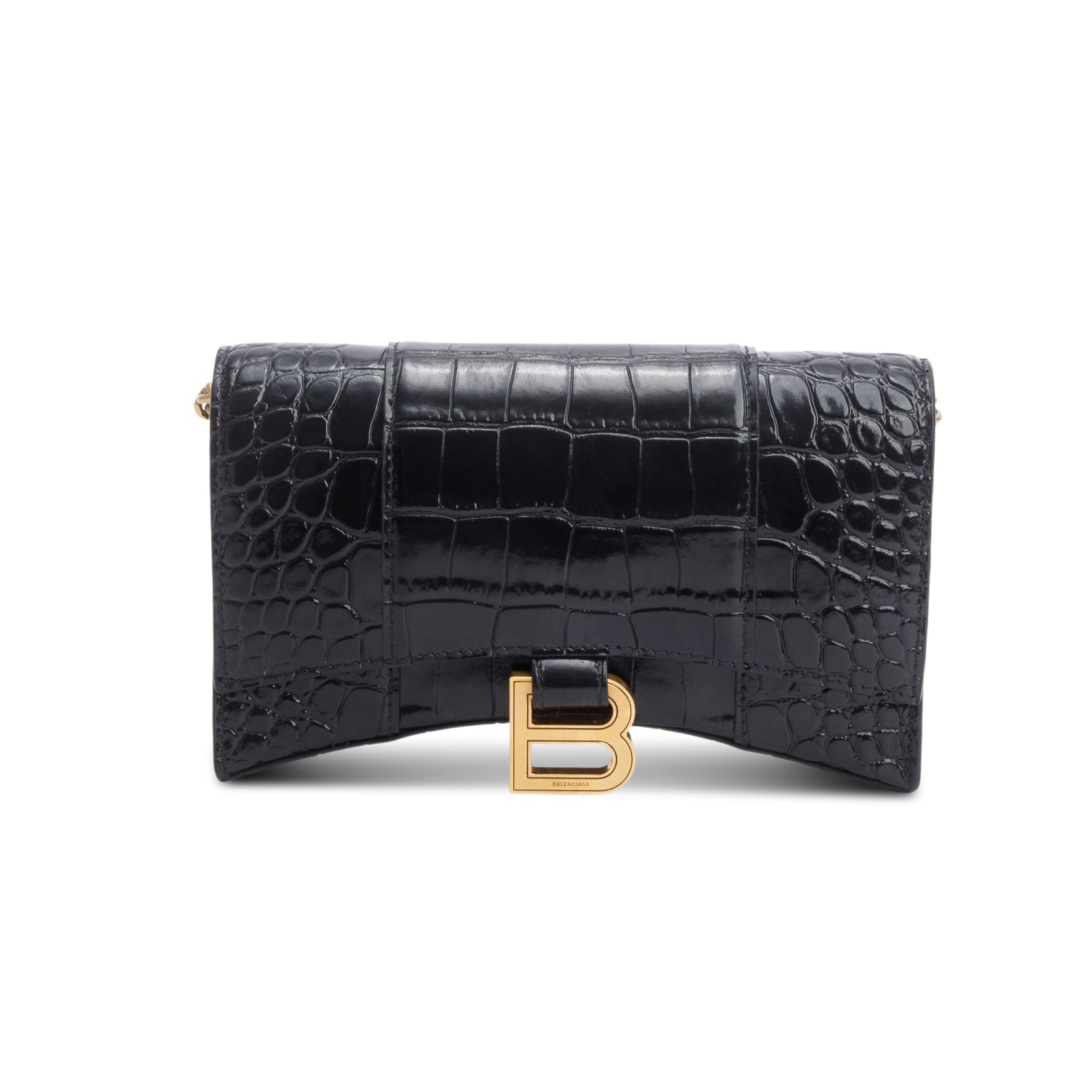 Balenciaga Black Shiny Calfskin Croc Embossed Hourglass Wallet on Chain