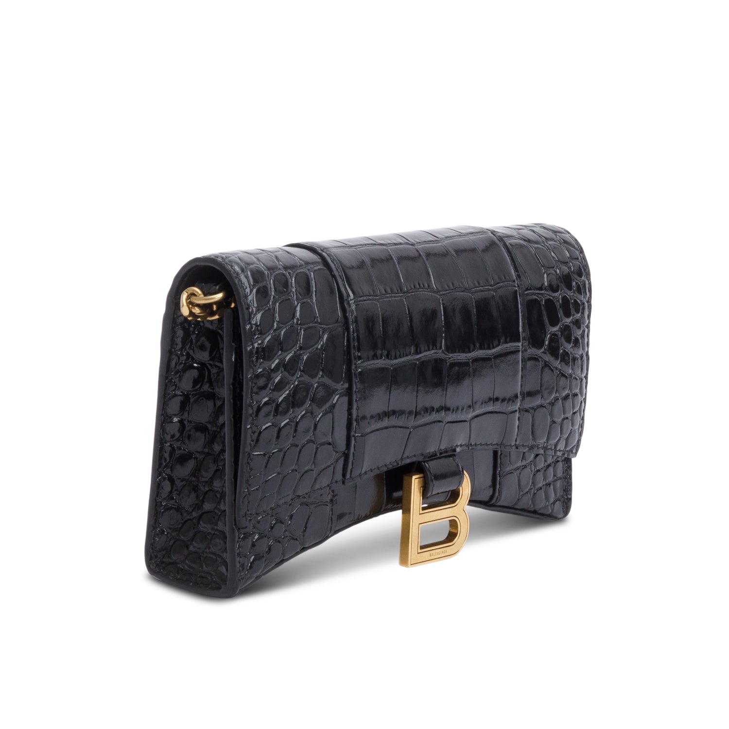 Balenciaga Black Shiny Calfskin Croc Embossed Hourglass Wallet on Chain