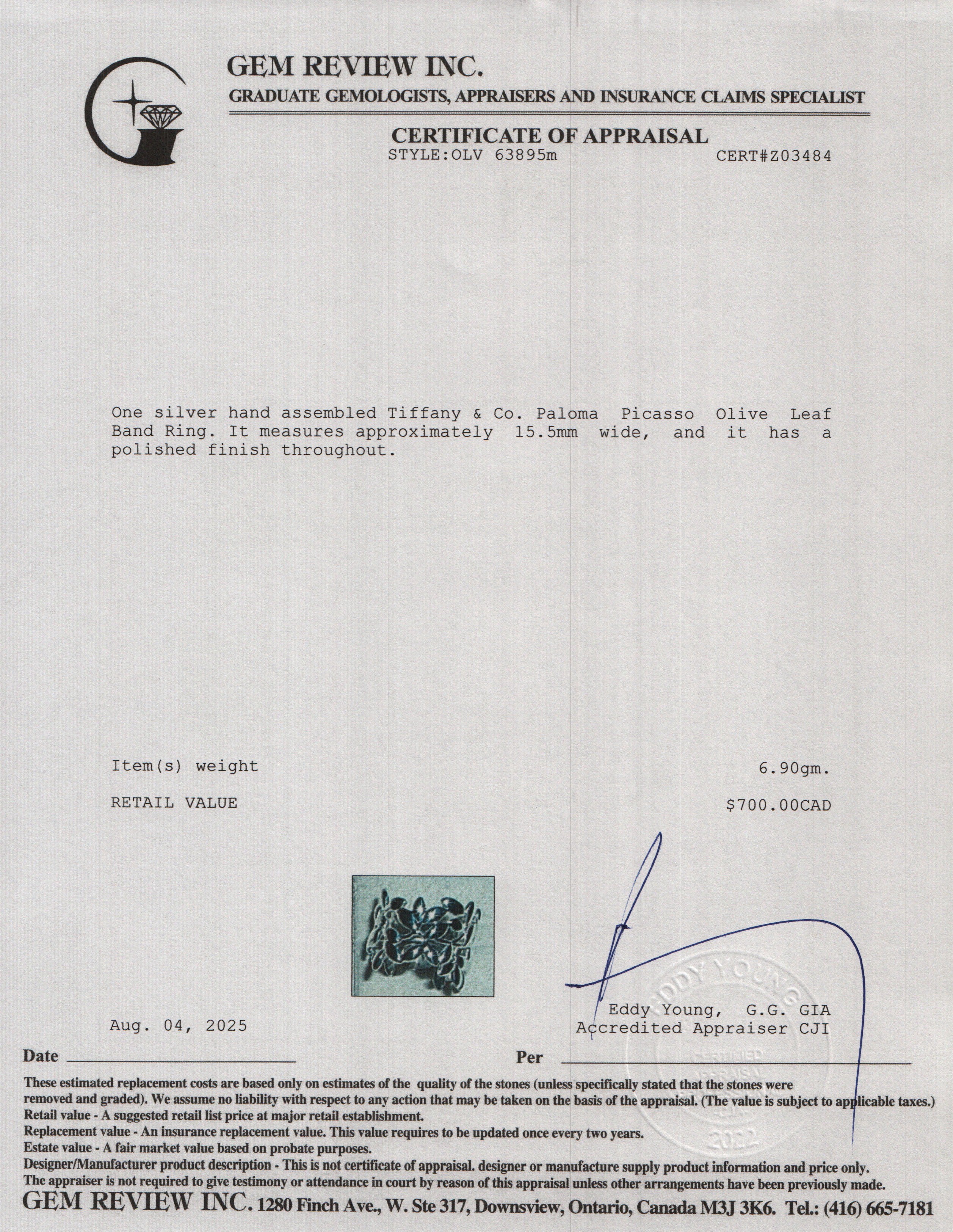 Tiffany & Co. Paloma Picasso Olive Leaf Band Ring, Size 7