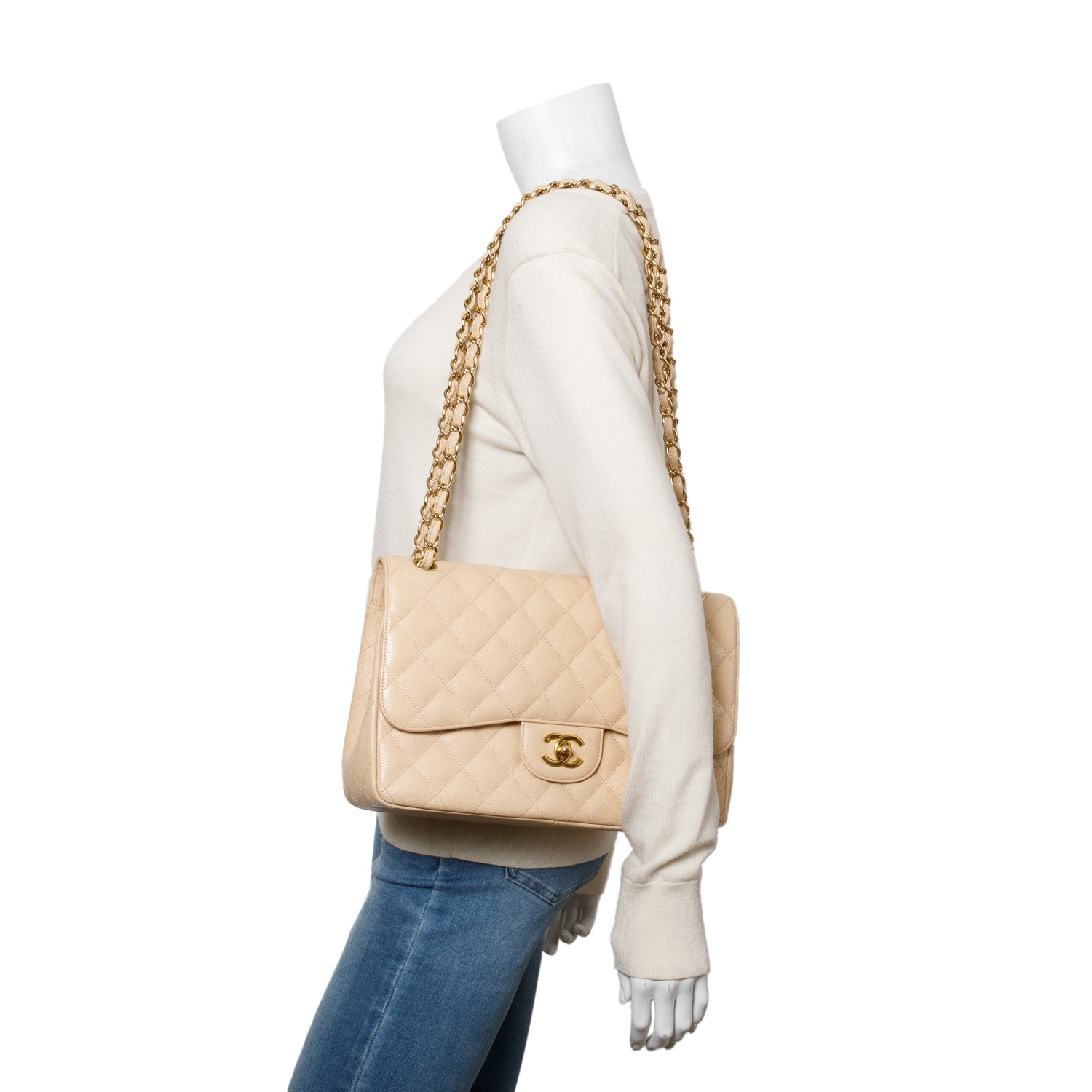 Chanel Beige Quilted Caviar Leather Classic Jumbo Double Flap Bag w/ Box