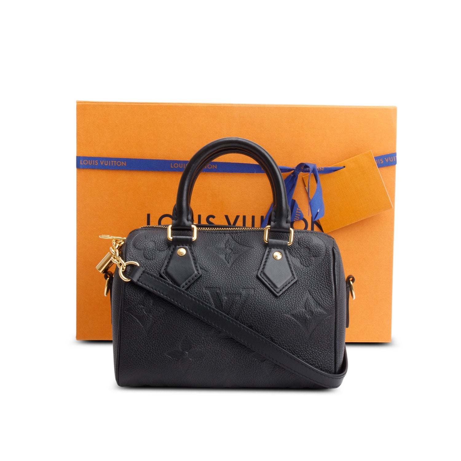 Louis Vuitton Black Monogram Empreinte Leather Speedy Bandouliere 20 w/ Strap & Box
