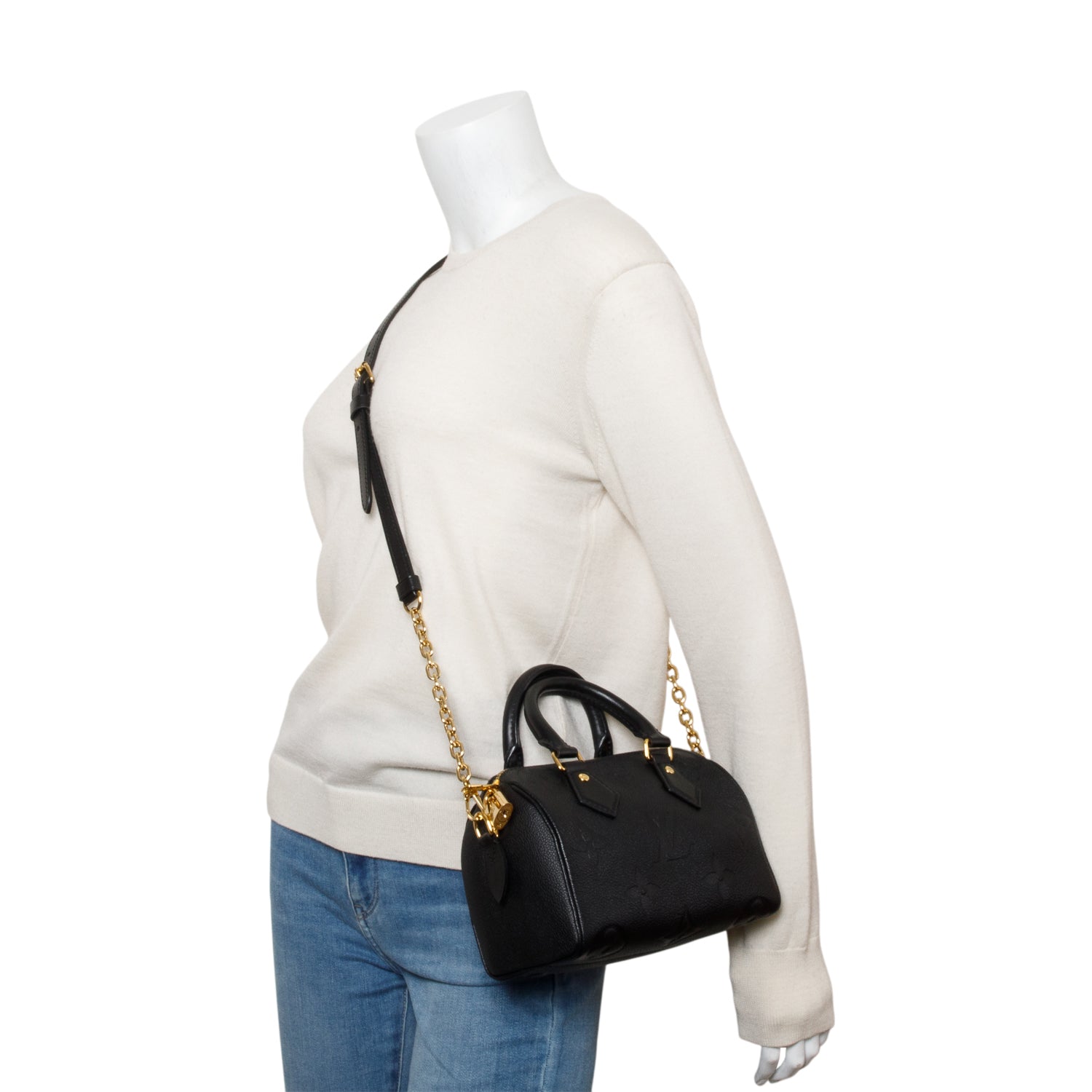 Louis Vuitton Black Monogram Empreinte Leather Speedy Bandouliere 20 w/ Strap & Box