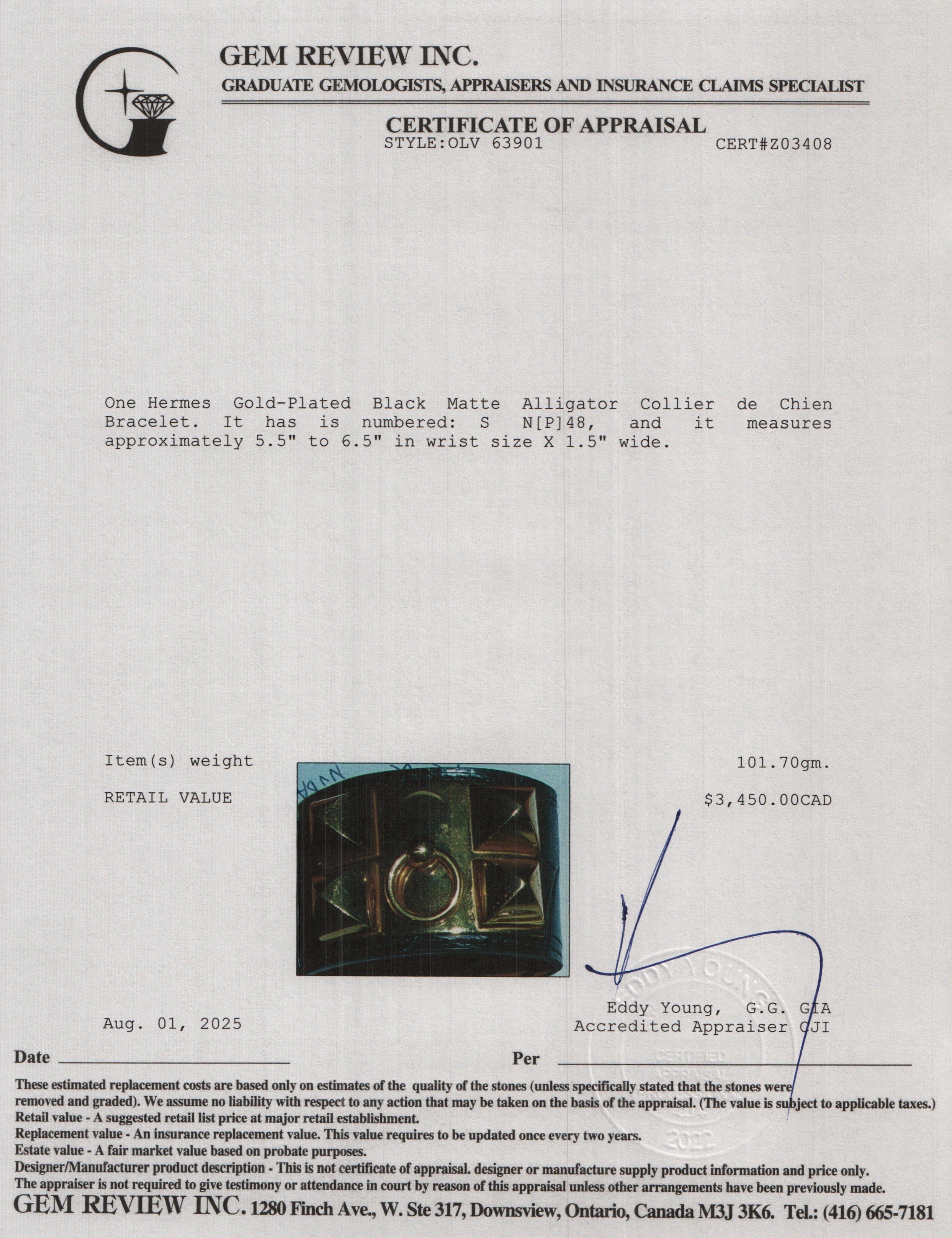 Hermes Gold-Plated Black Matte Alligator Collier de Chien Bracelet, Size S