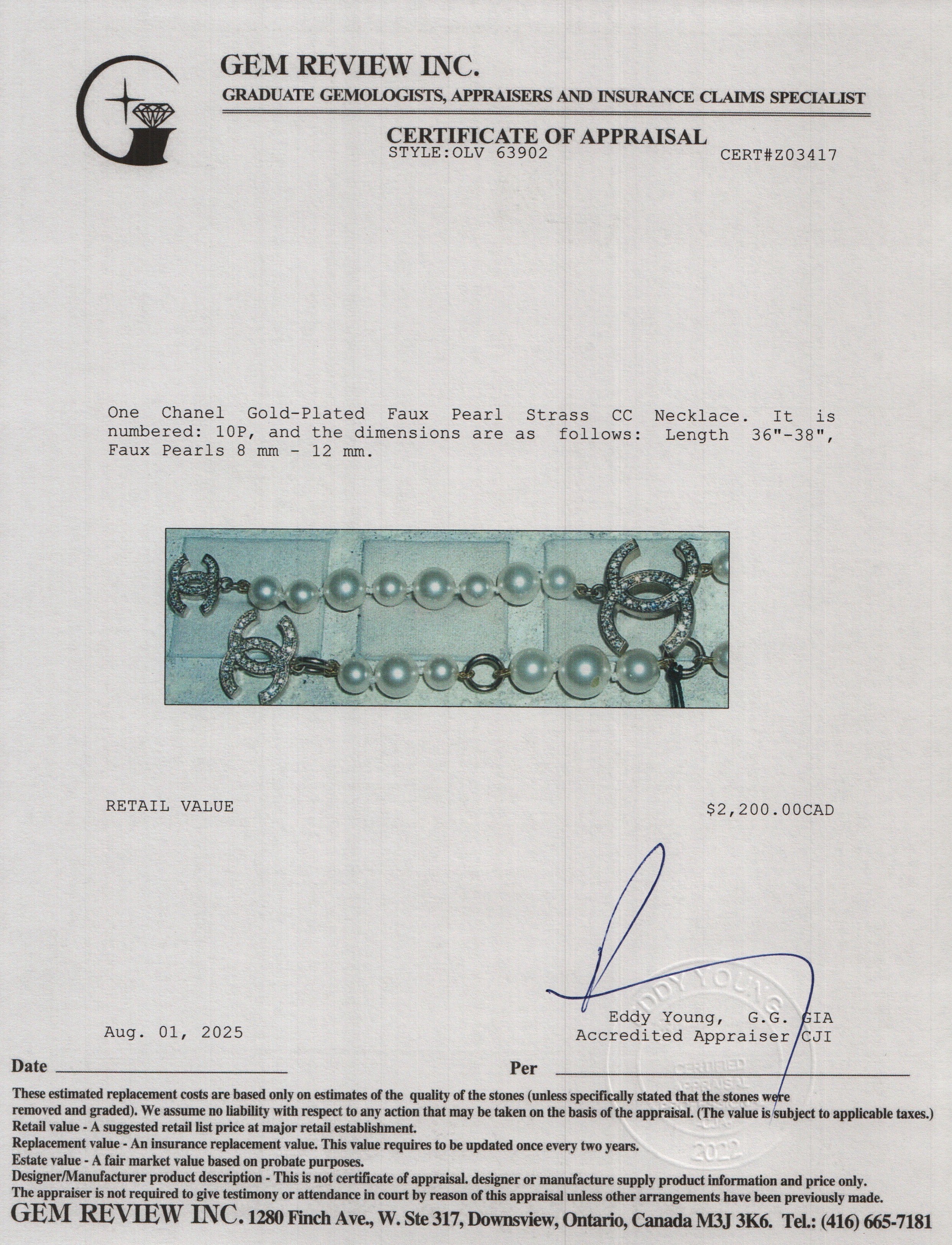 Chanel Gold-Plated Faux Pearl Strass CC Necklace