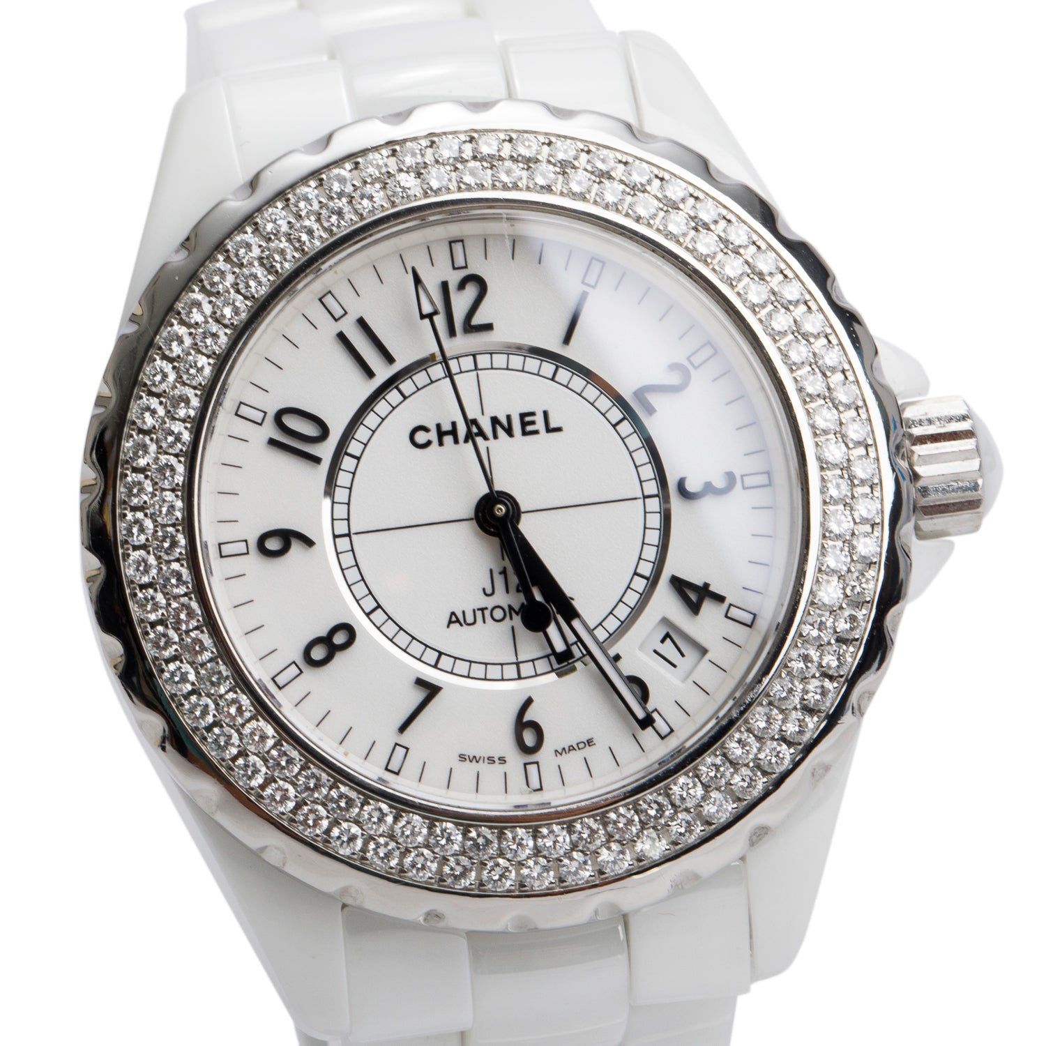 Chanel White Ceramic Diamond Bezel J12 38 MM Automatic Watch