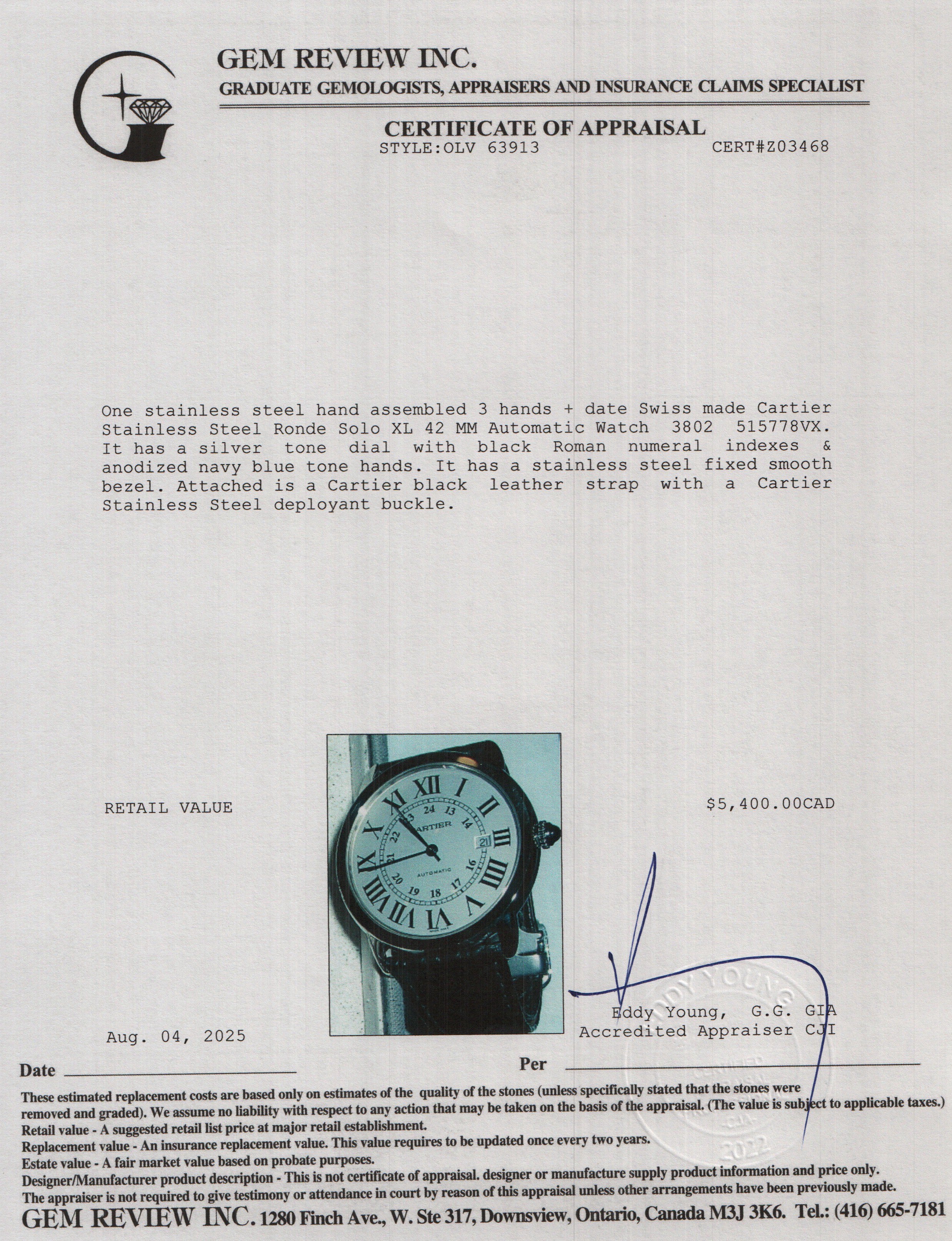 Cartier Stainless Steel Ronde Solo XL 42 MM Automatic Watch 3802