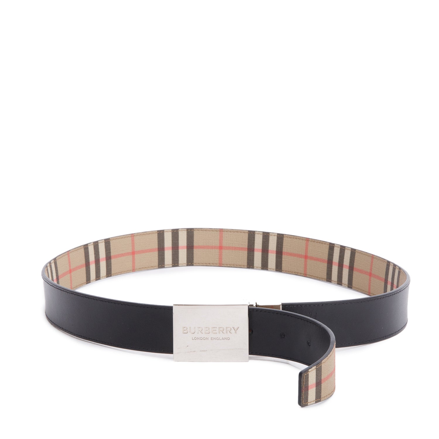 Burberry Biege Check Canvas Black Reversible B Cut Buckle Belt 95 38 w/ Box