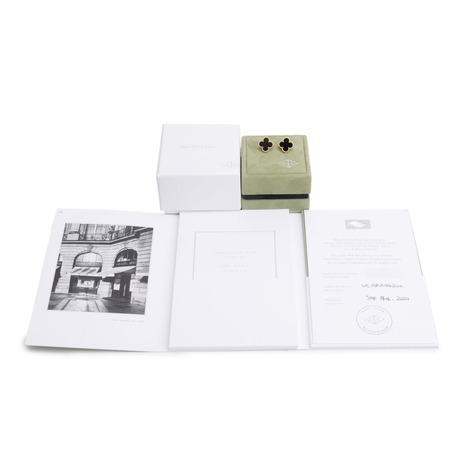 Van Cleef & Arpels 2024 18k Yellow Gold Vintage Alhambra Onyx Stud Earrings w/ Box & Certificate