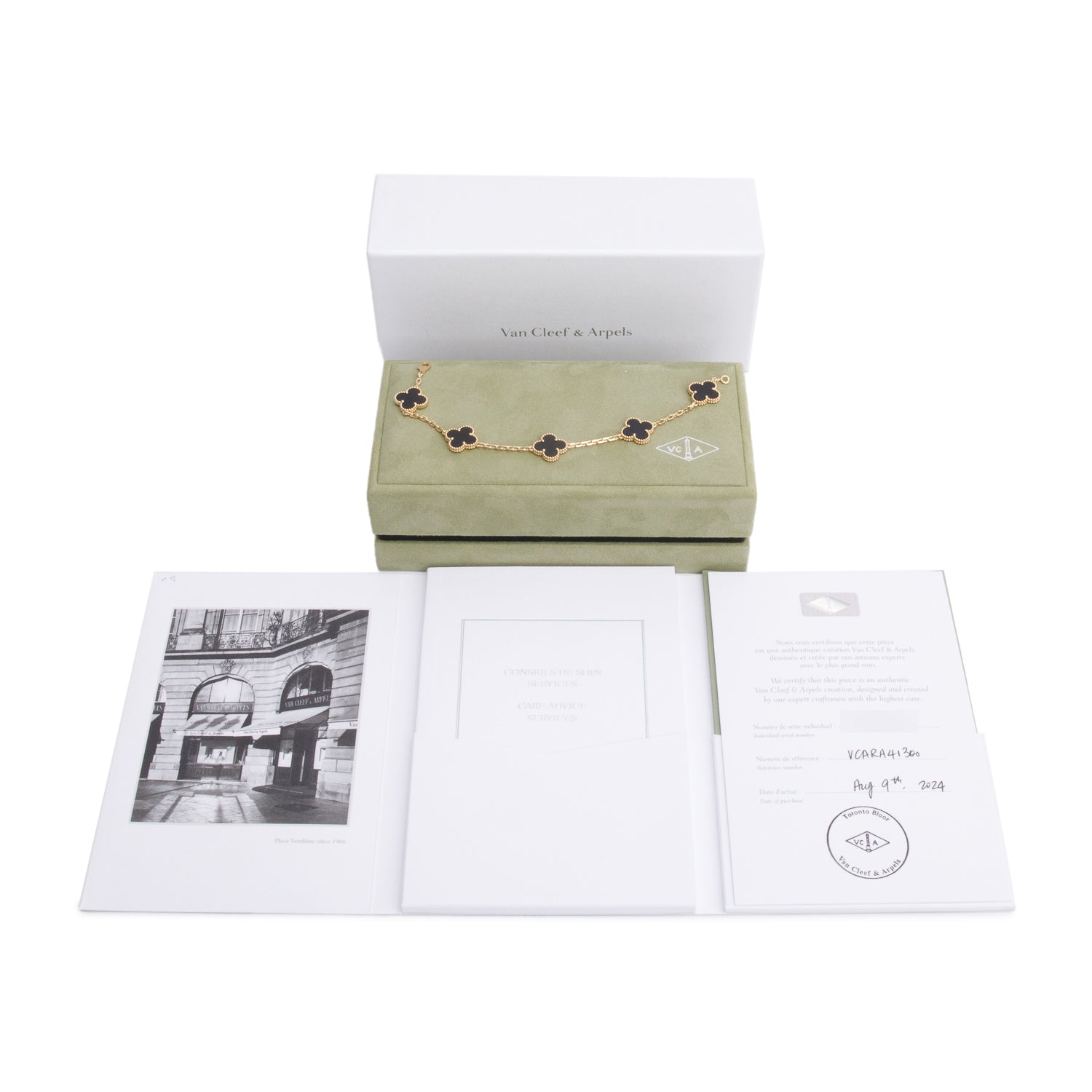 Van Cleef & Arpels 2024 18k Yellow Gold Vintage Alhambra 5 Motif Onyx Bracelet w/ Box & Certificate