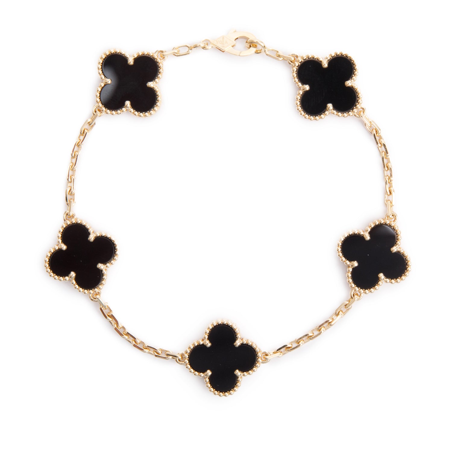 Van Cleef & Arpels 2024 18k Yellow Gold Vintage Alhambra 5 Motif Onyx Bracelet w/ Box & Certificate