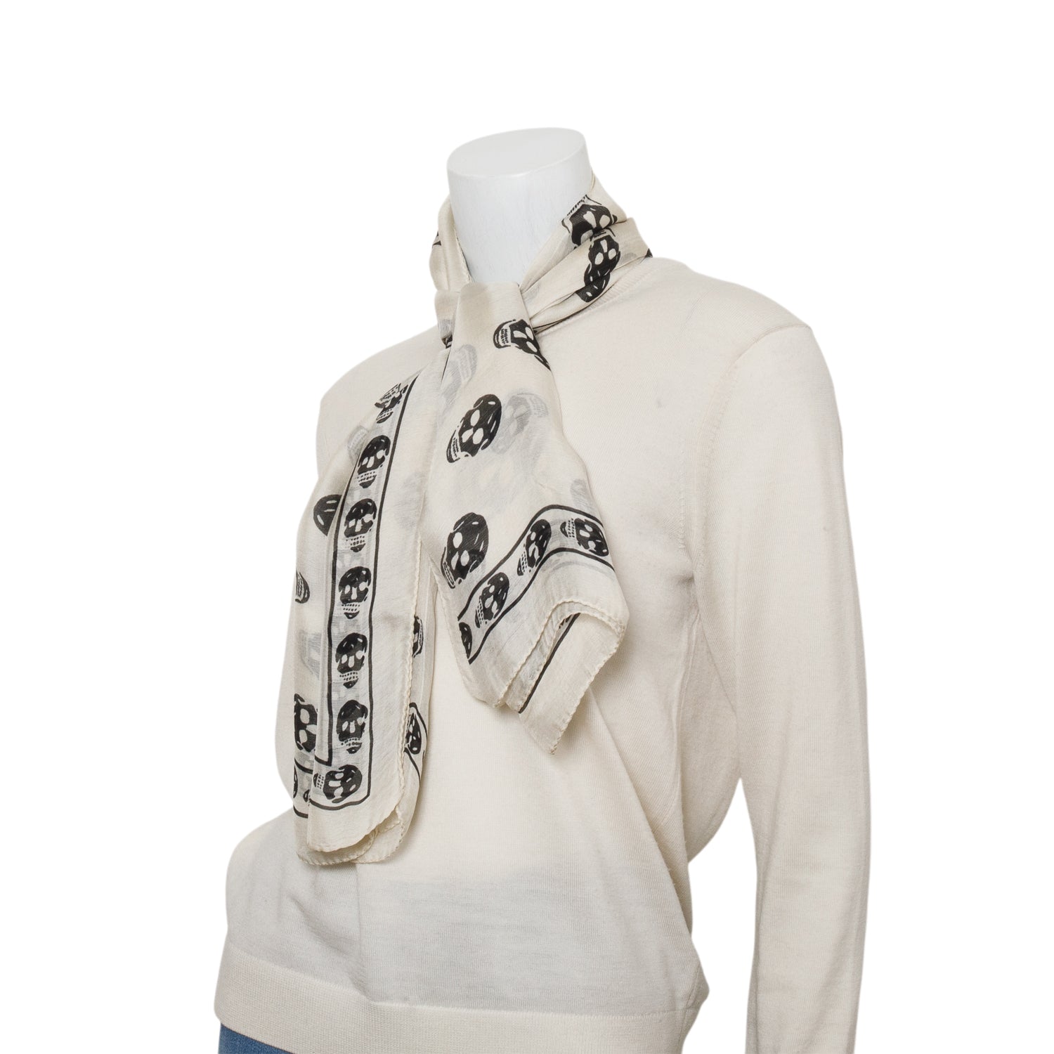 Alexander McQueen White/Black Skull Printed Silk Scarf