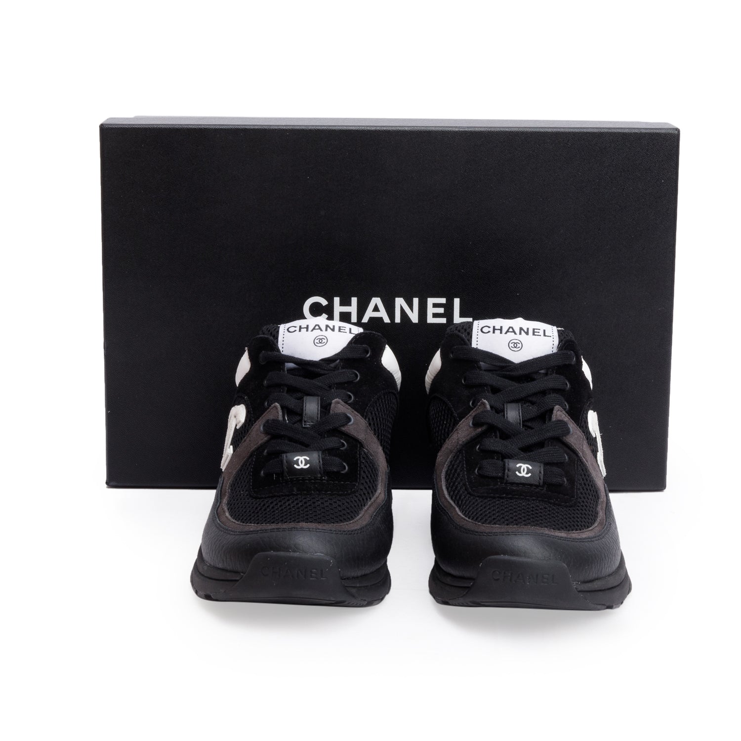 Chanel Black Calfskin Mesh Suede CC Logo Sneakers, Size 38.5 w/ Box