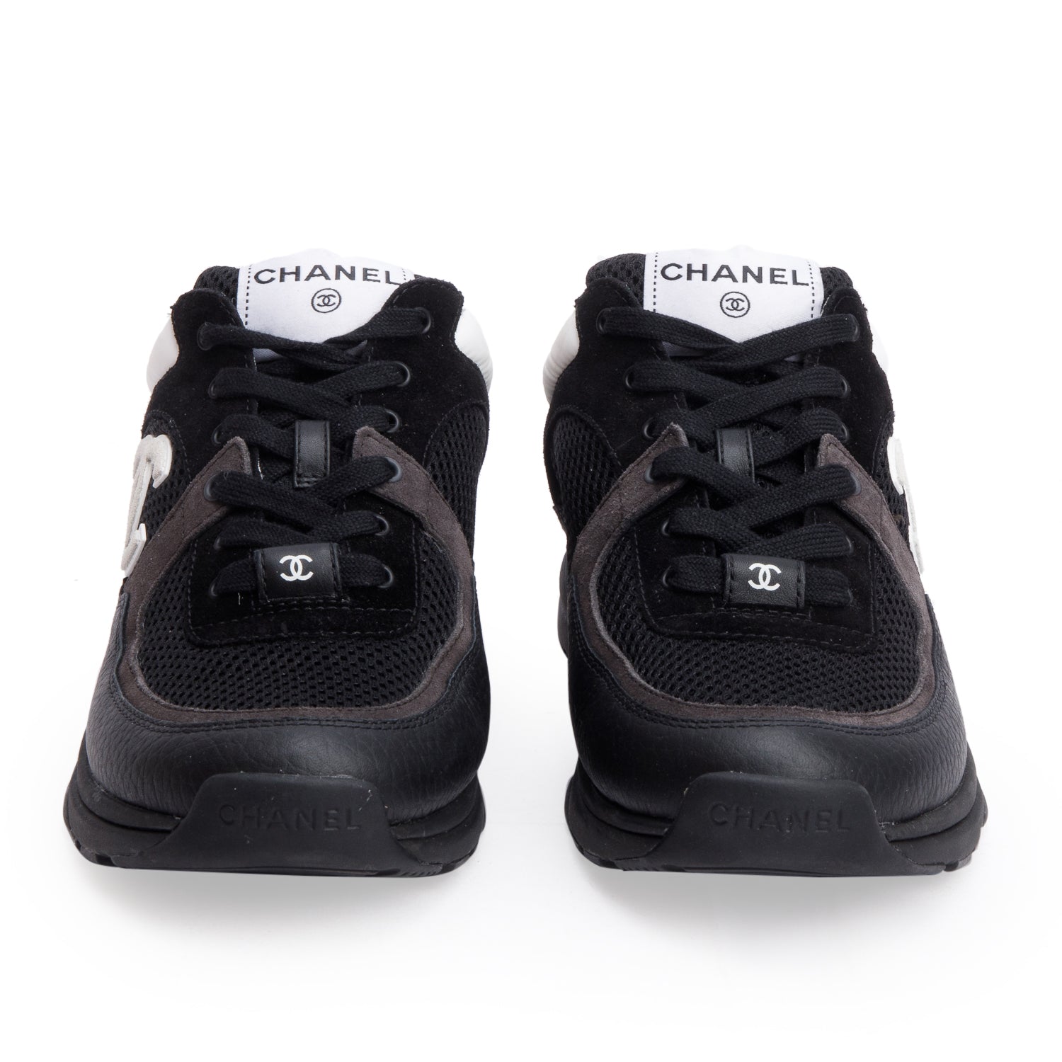 Chanel Black Calfskin Mesh Suede CC Logo Sneakers, Size 38.5 w/ Box