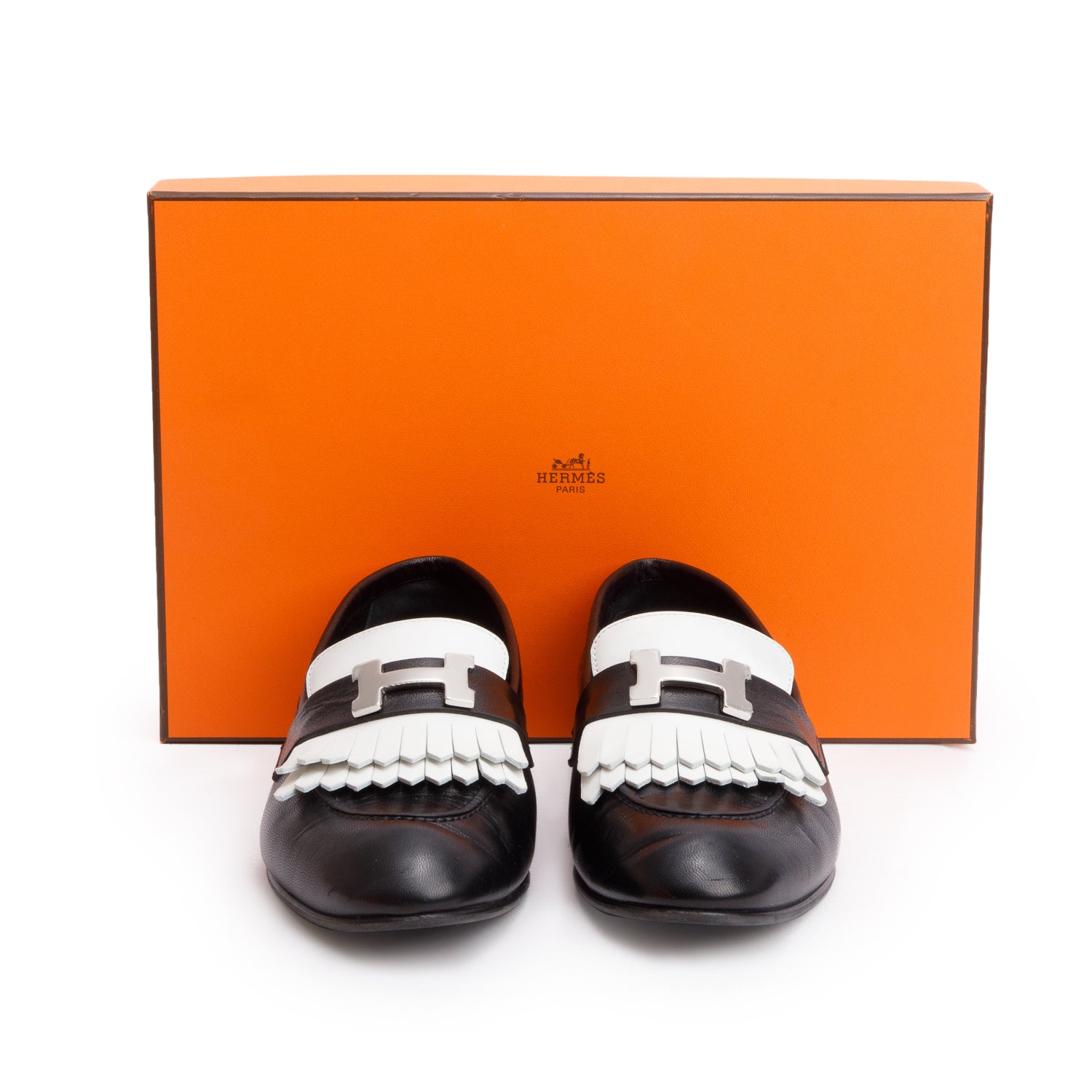 Hermes Noir/Blanc Chevre Souple Leather Mocassins Royal Loafer, Size 38 w/ Box