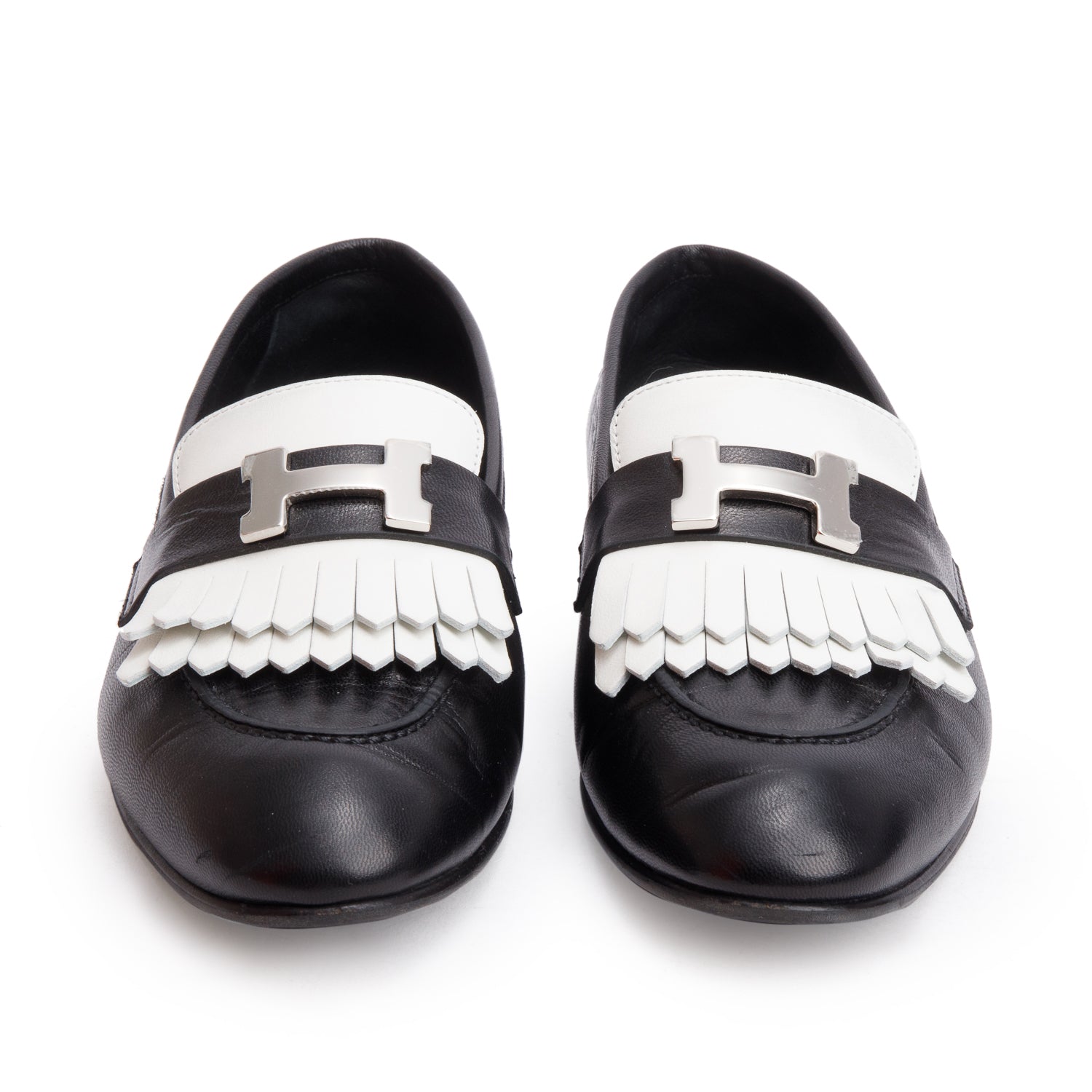 Hermes Noir/Blanc Chevre Souple Leather Mocassins Royal Loafer, Size 38 w/ Box