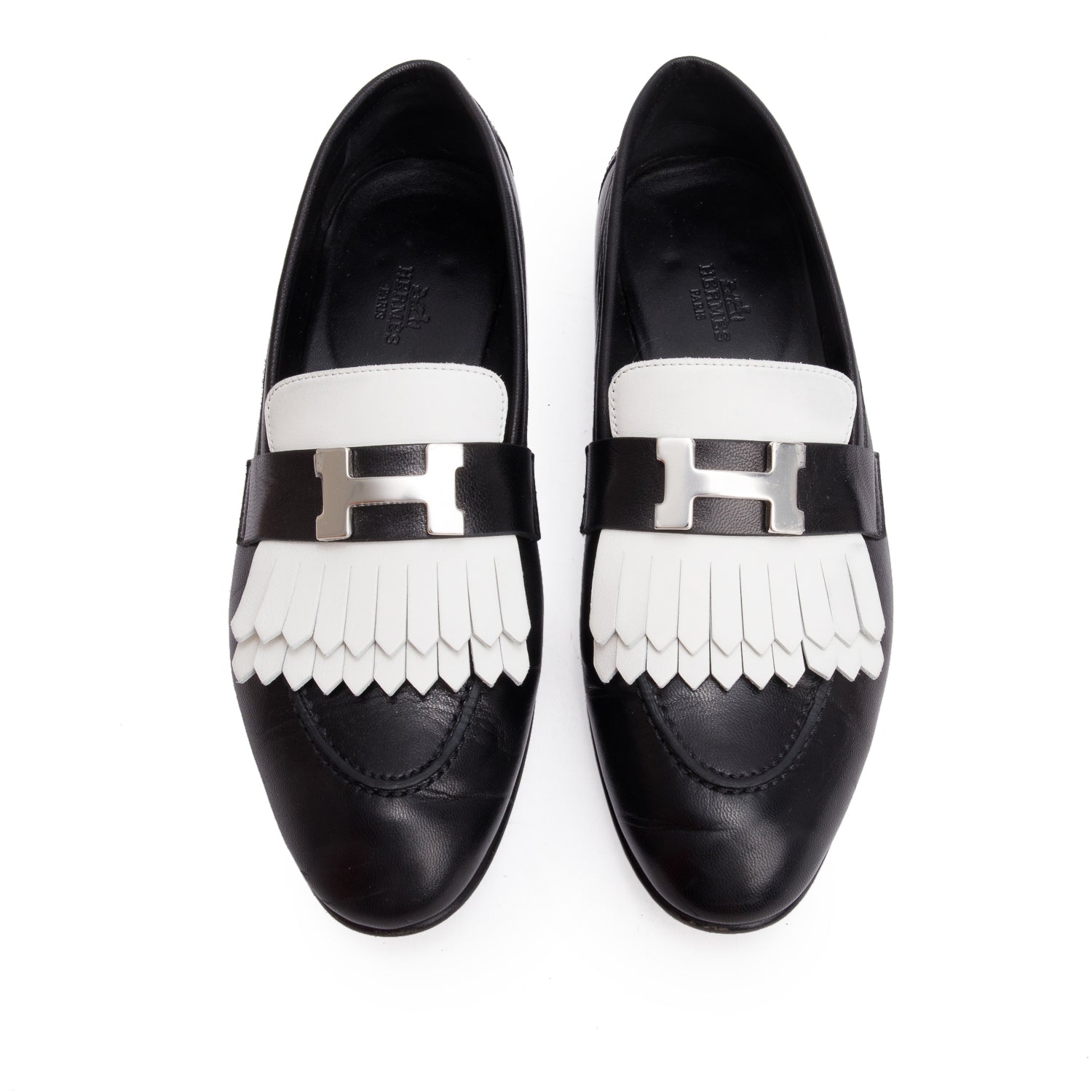 Hermes Noir/Blanc Chevre Souple Leather Mocassins Royal Loafer, Size 38 w/ Box