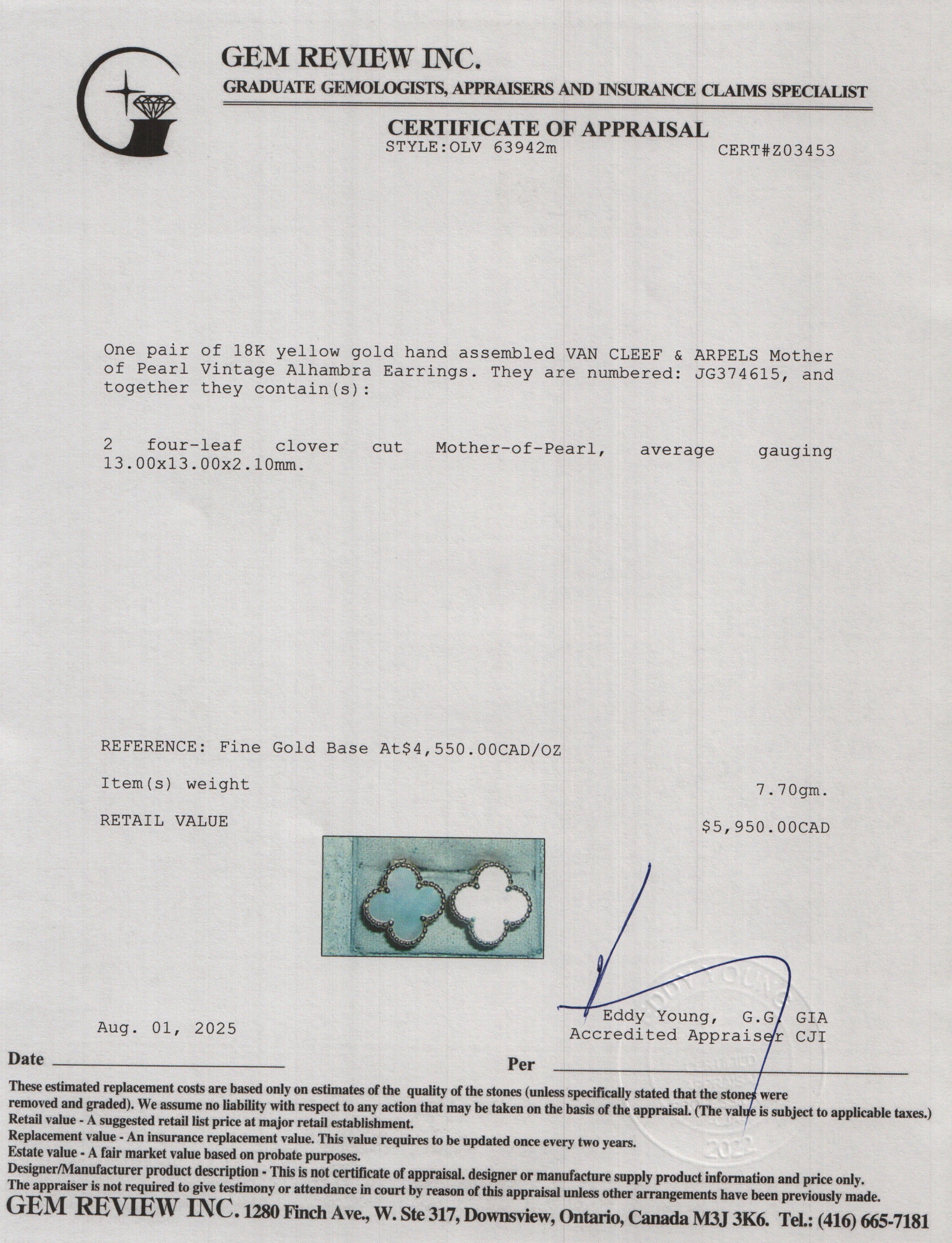 Van Cleef & Arpels 2024 18k Yellow Gold Vintage Alhambra Mother of Pearl Stud Earrings w/ Box & Certificate