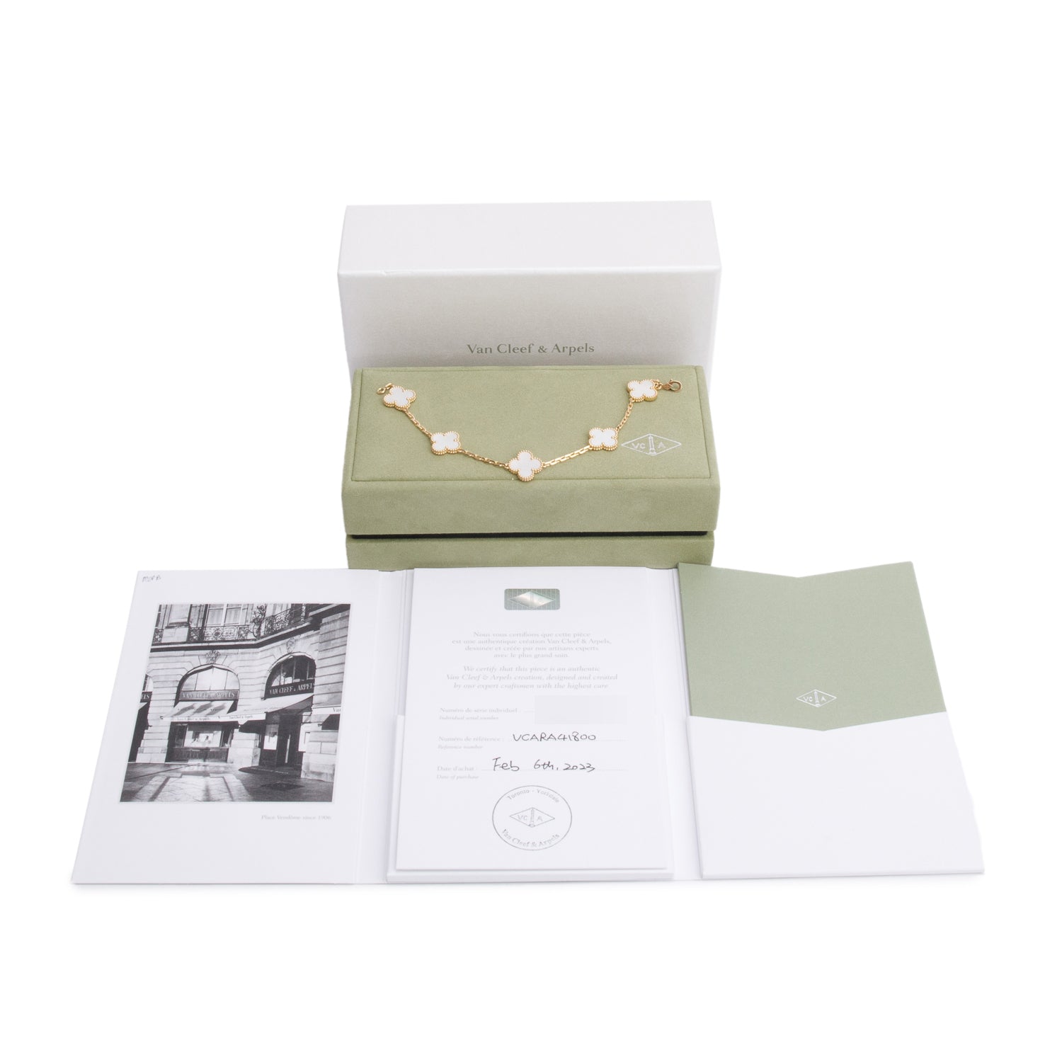 Van Cleef & Arpels 2023 18k Yellow Gold Vintage Alhambra 5 Motif Mother of Pearl Bracelet w/ Box & Certificate