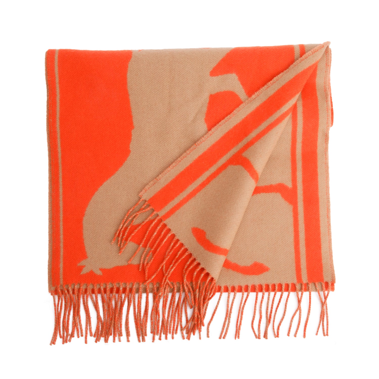 Hermes Camel/Vermillon Cashmere Scarf w/ Box