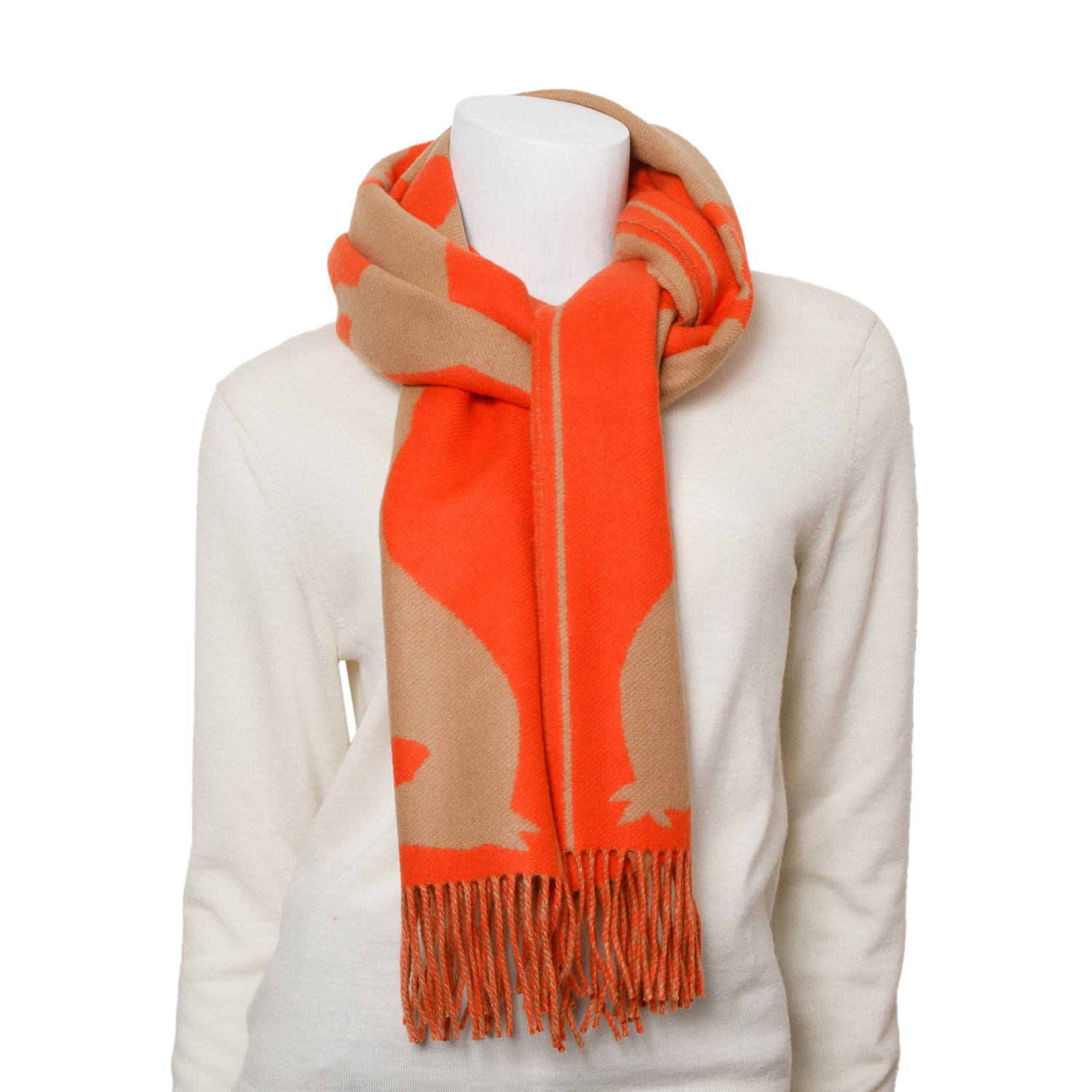 Hermes Camel/Vermillon Cashmere Scarf w/ Box