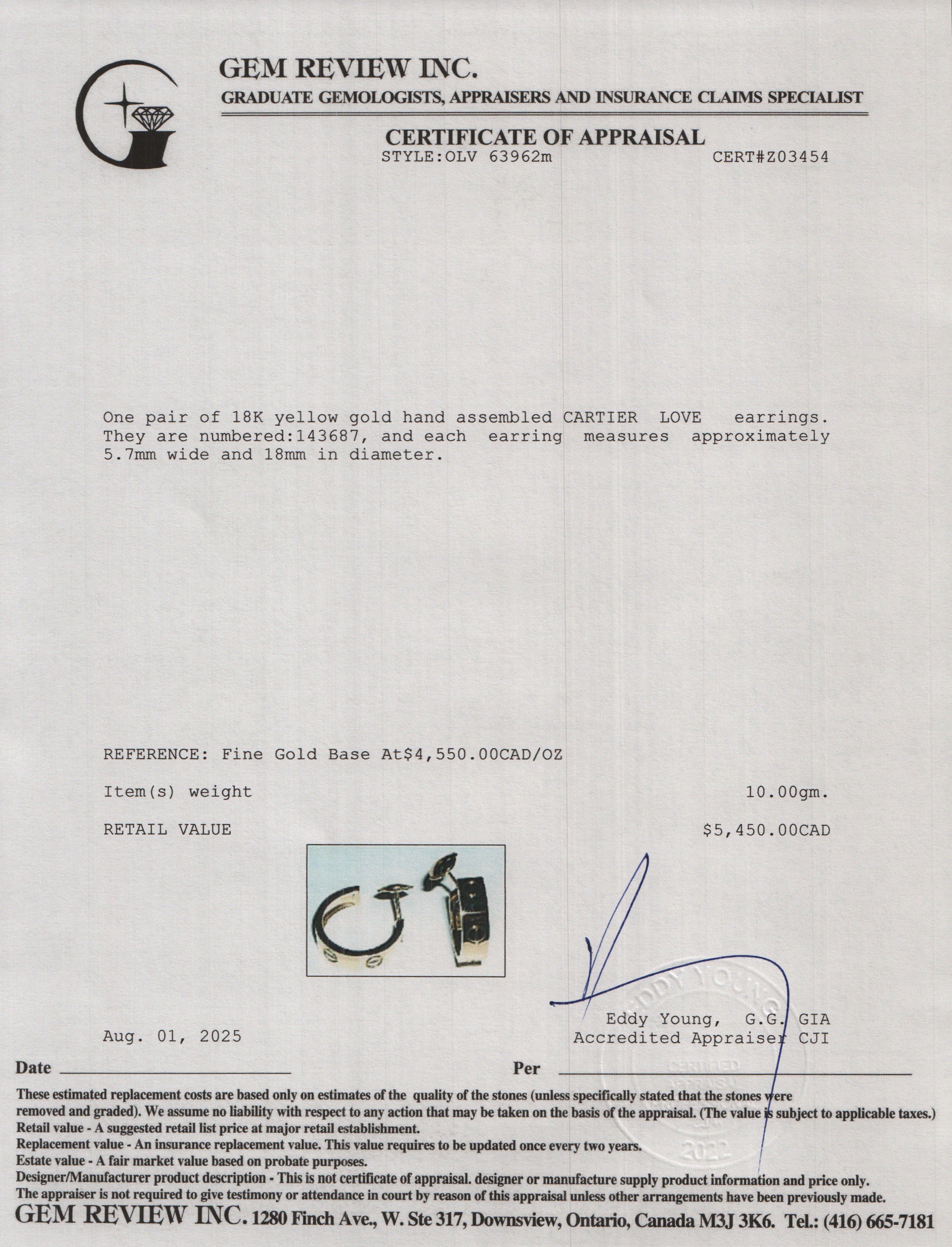 Cartier 18k Yellow Gold Love Hoop Earrings w/ Box