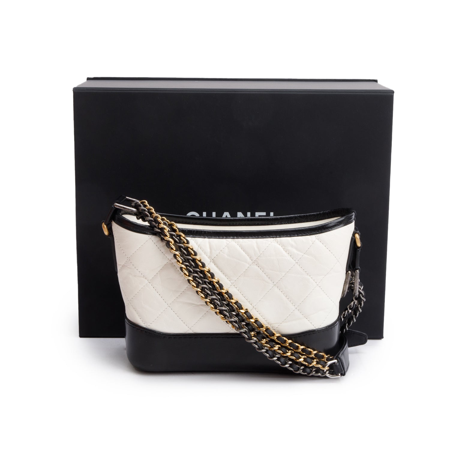 Chanel Black & White Aged Calfskin Leather Small Gabrielle Hobo w/ Box & Authenticity Card