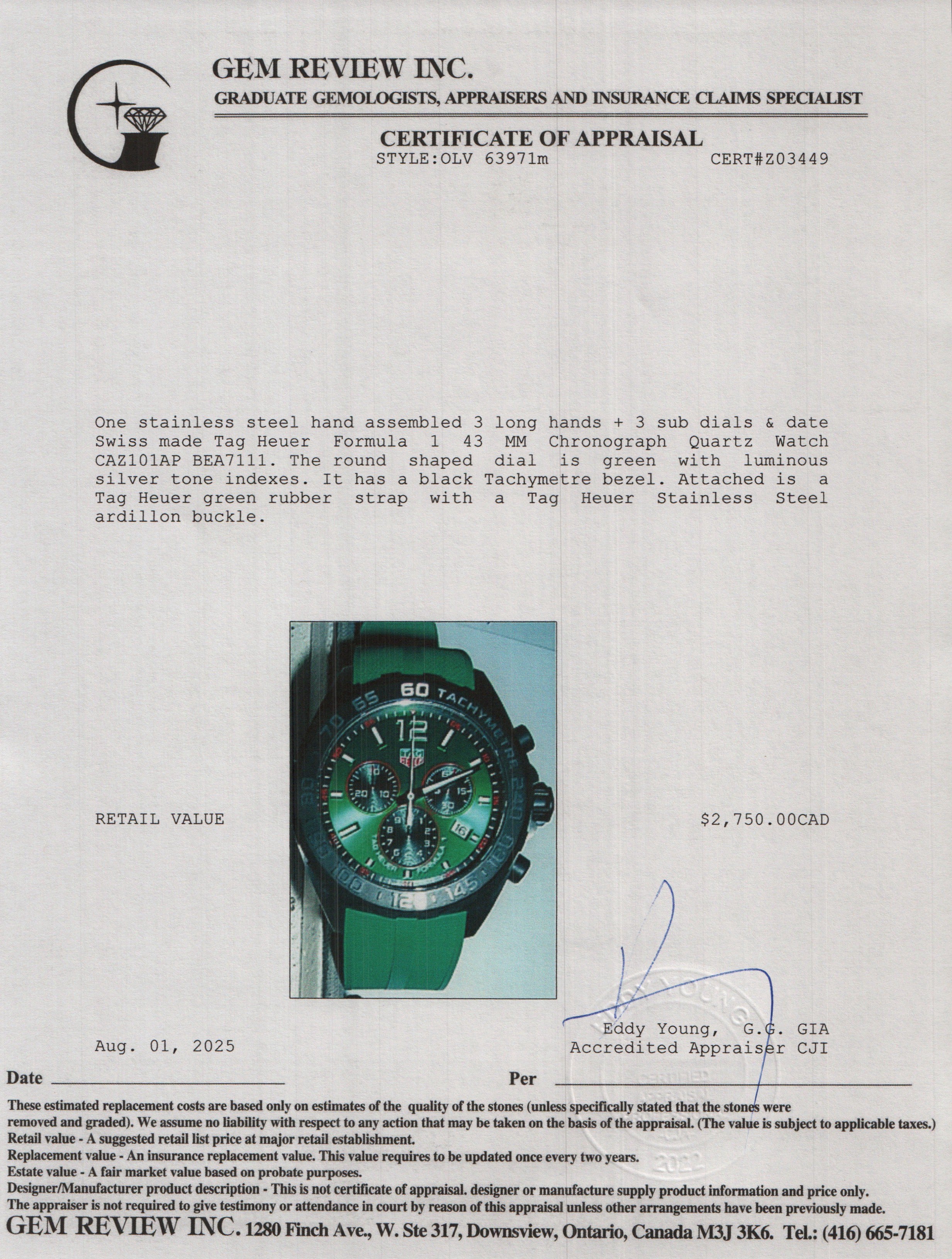 Tag Heuer 2023 Stainless Steel Formula 1 43 MM Chronograph Quartz Watch Green Dial CAZ101AP w/ Box & Papers