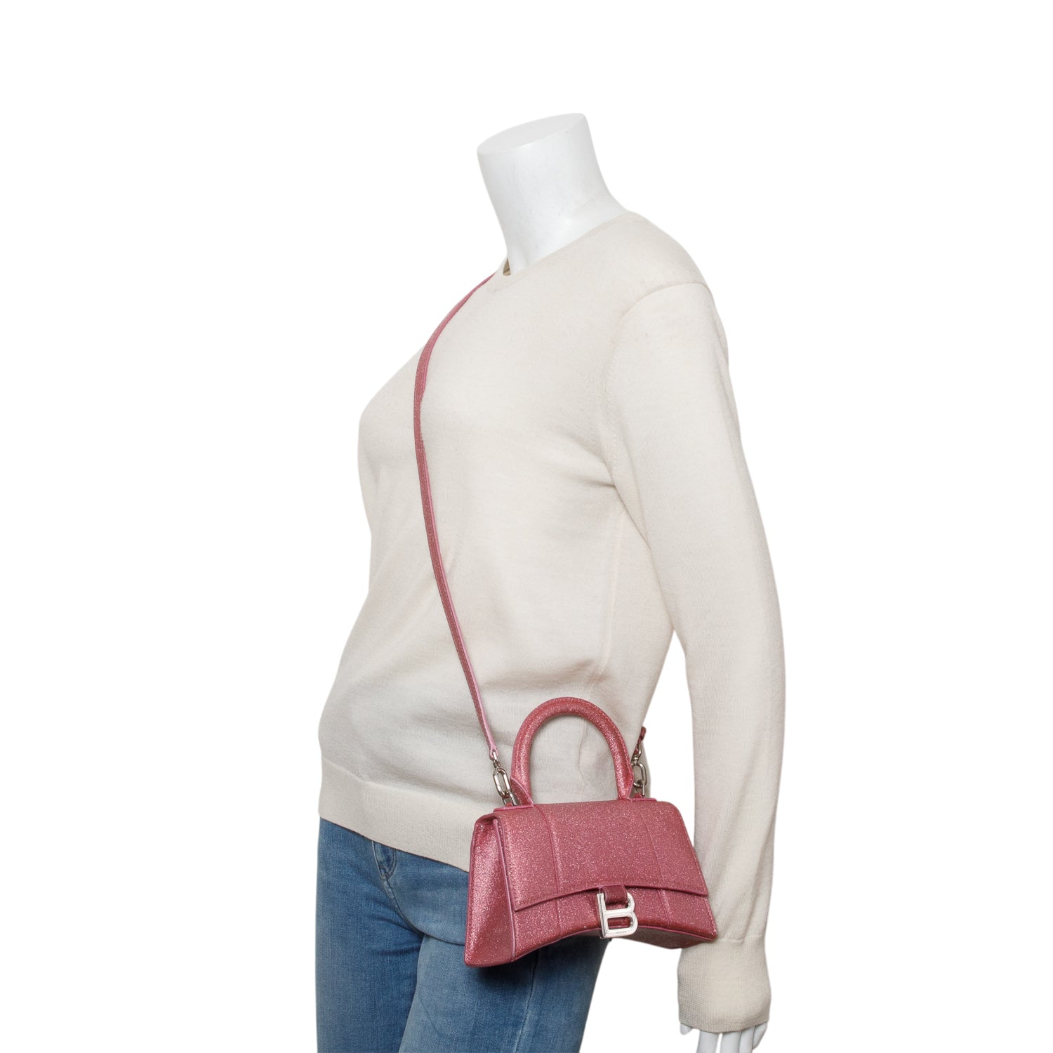 Balenciaga Pink Glitter XS Hourglass Top Handle Bag w/ Strap
